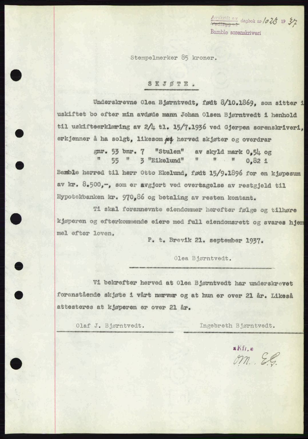 Bamble sorenskriveri, AV/SAKO-A-214/G/Ga/Gag/L0002: Mortgage book no. A-2, 1937-1938, Diary no: : 1023/1937