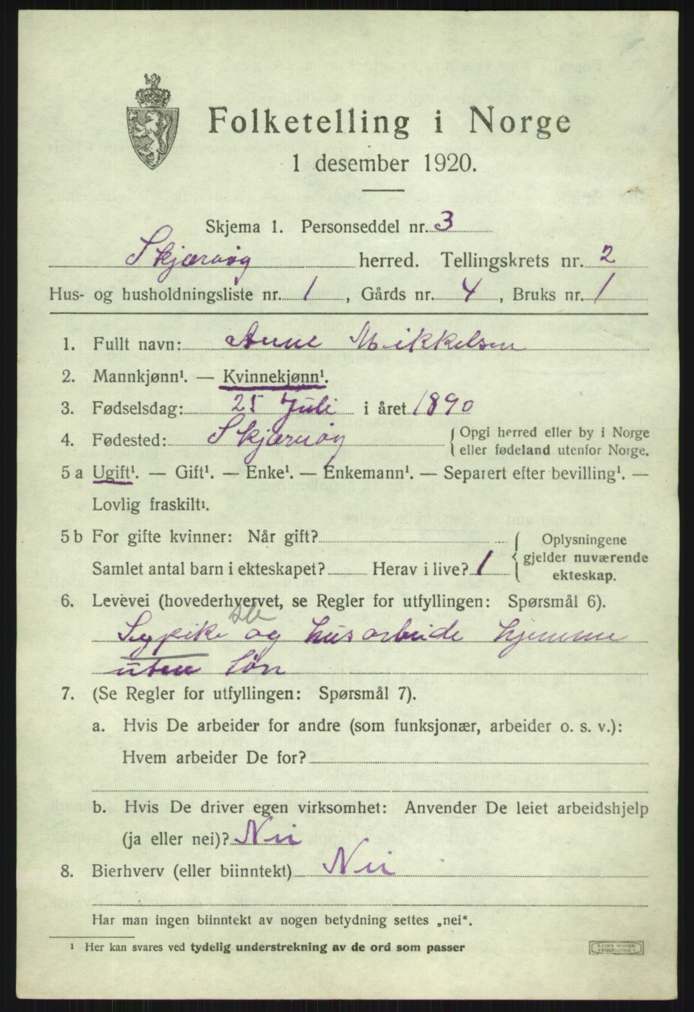 SATØ, 1920 census for Skjervøy, 1920, p. 1495