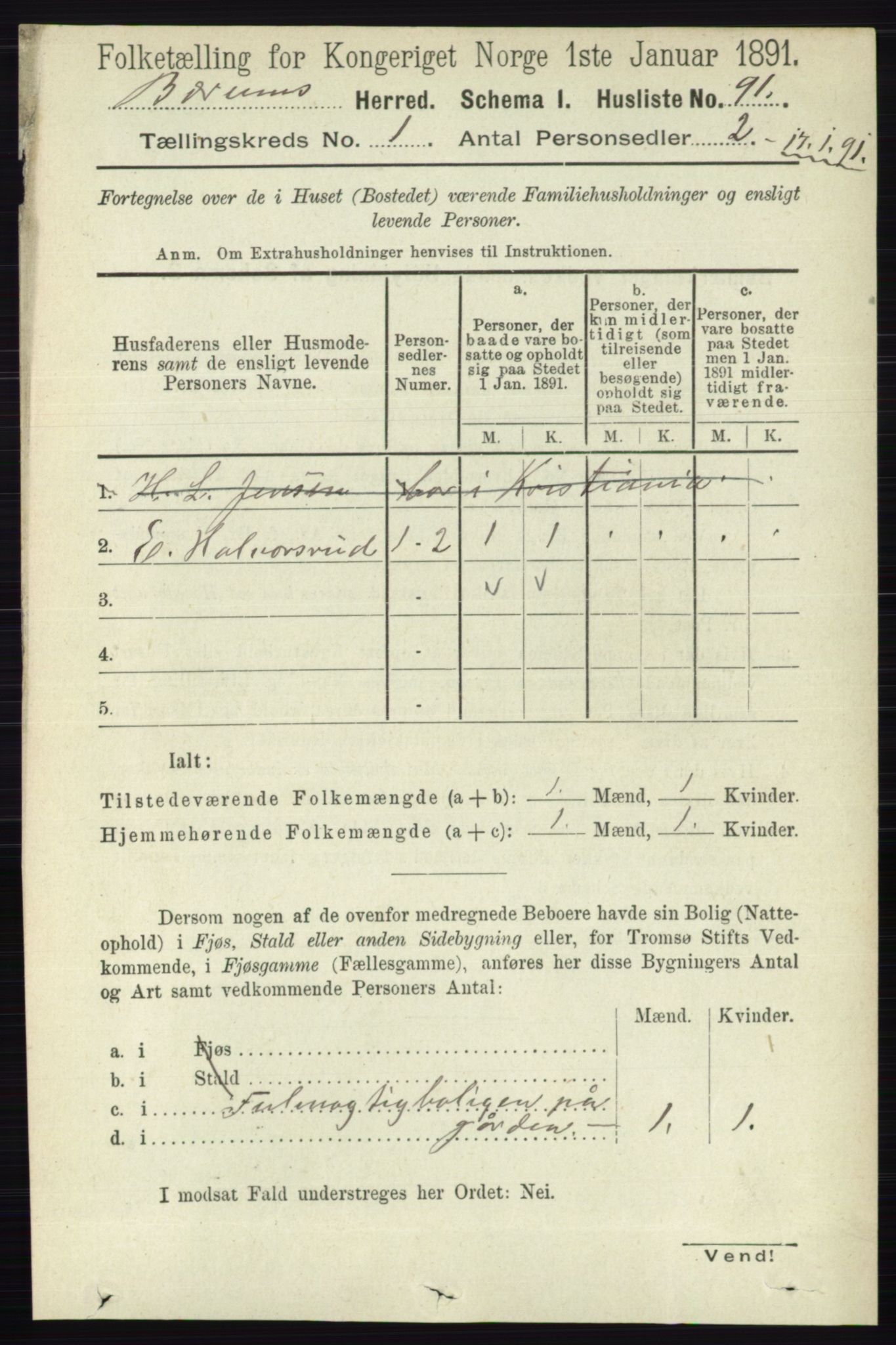 RA, 1891 census for 0219 Bærum, 1891, p. 143