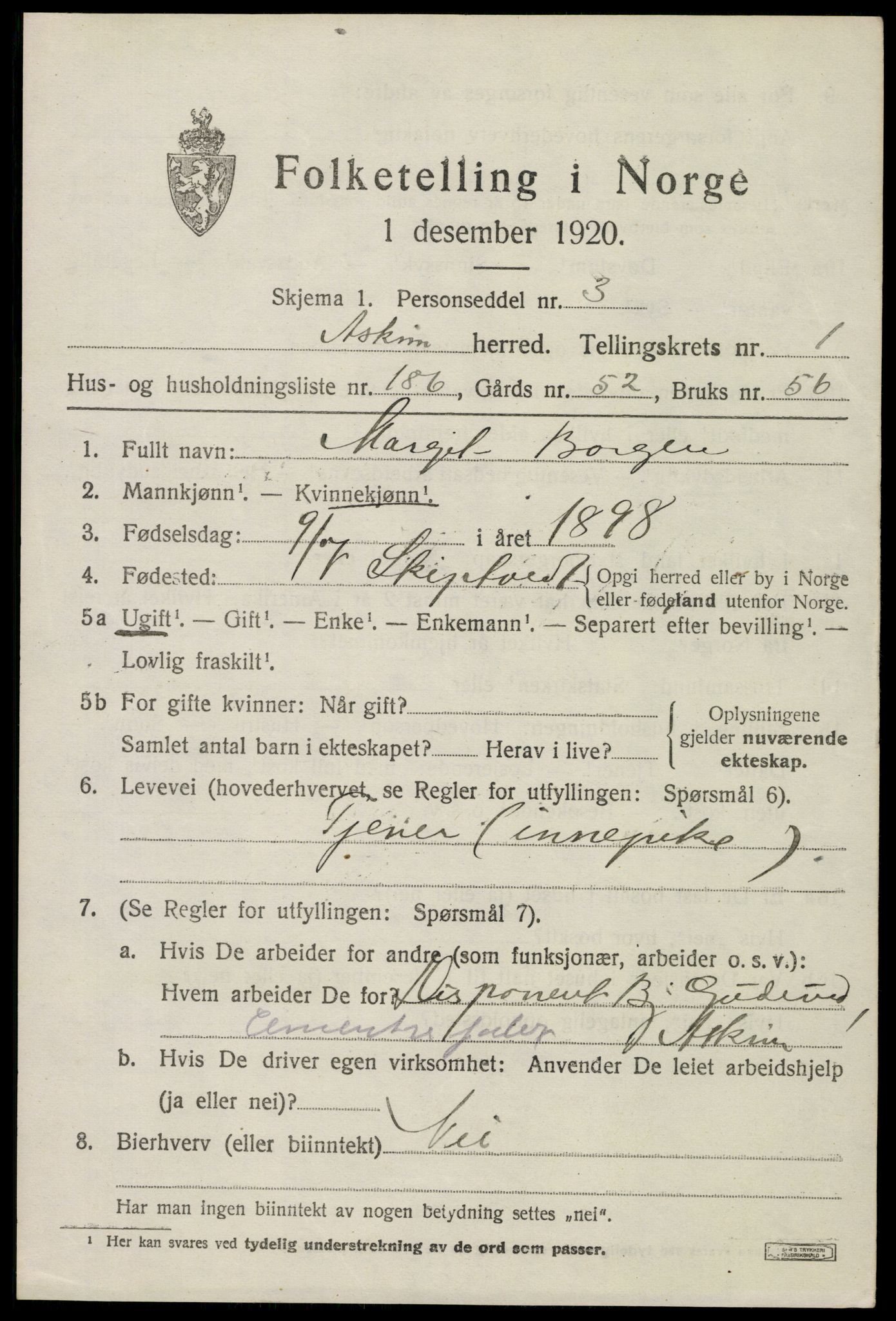 SAO, 1920 census for Askim, 1920, p. 4585