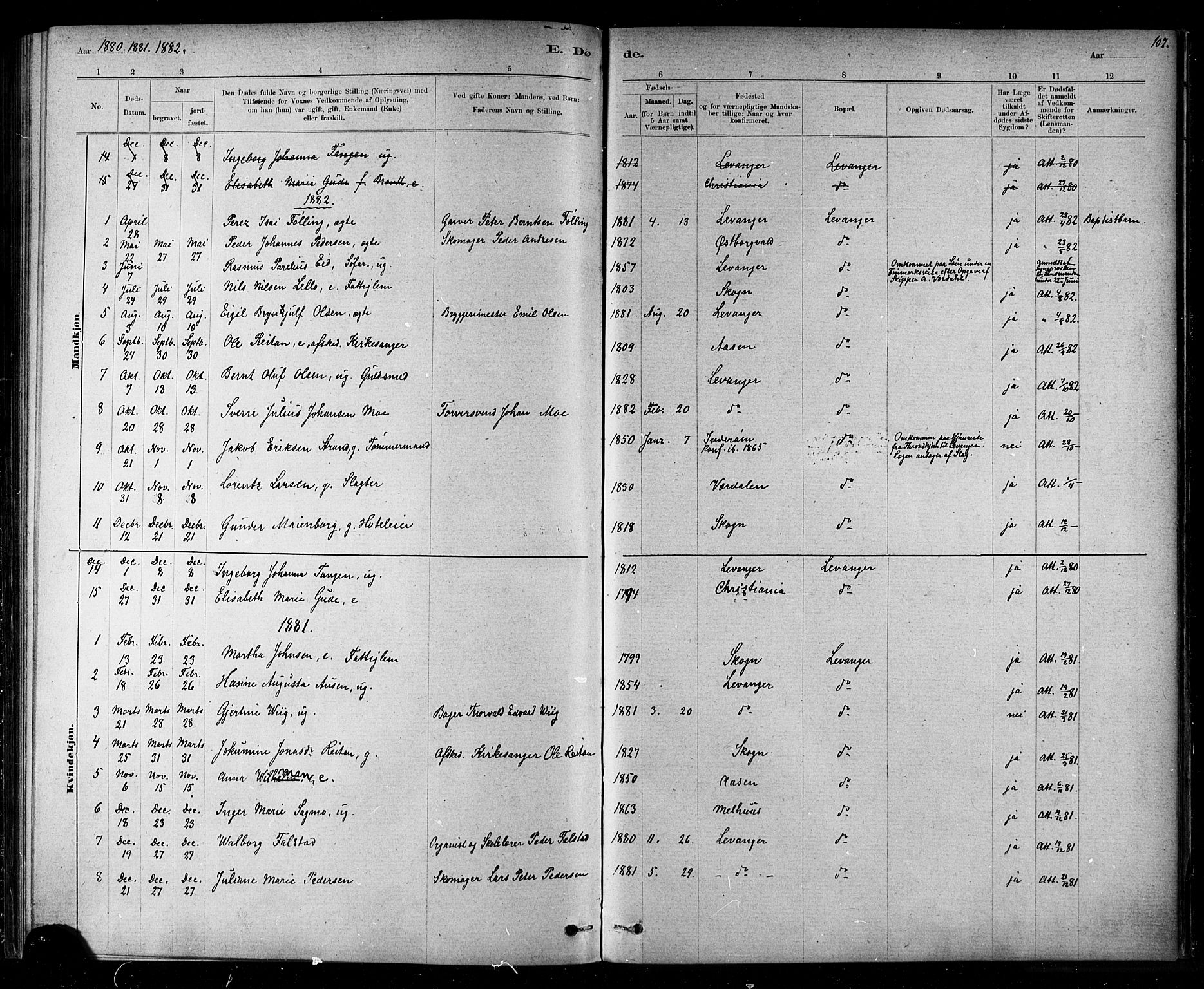 Ministerialprotokoller, klokkerbøker og fødselsregistre - Nord-Trøndelag, AV/SAT-A-1458/720/L0192: Parish register (copy) no. 720C01, 1880-1917, p. 107