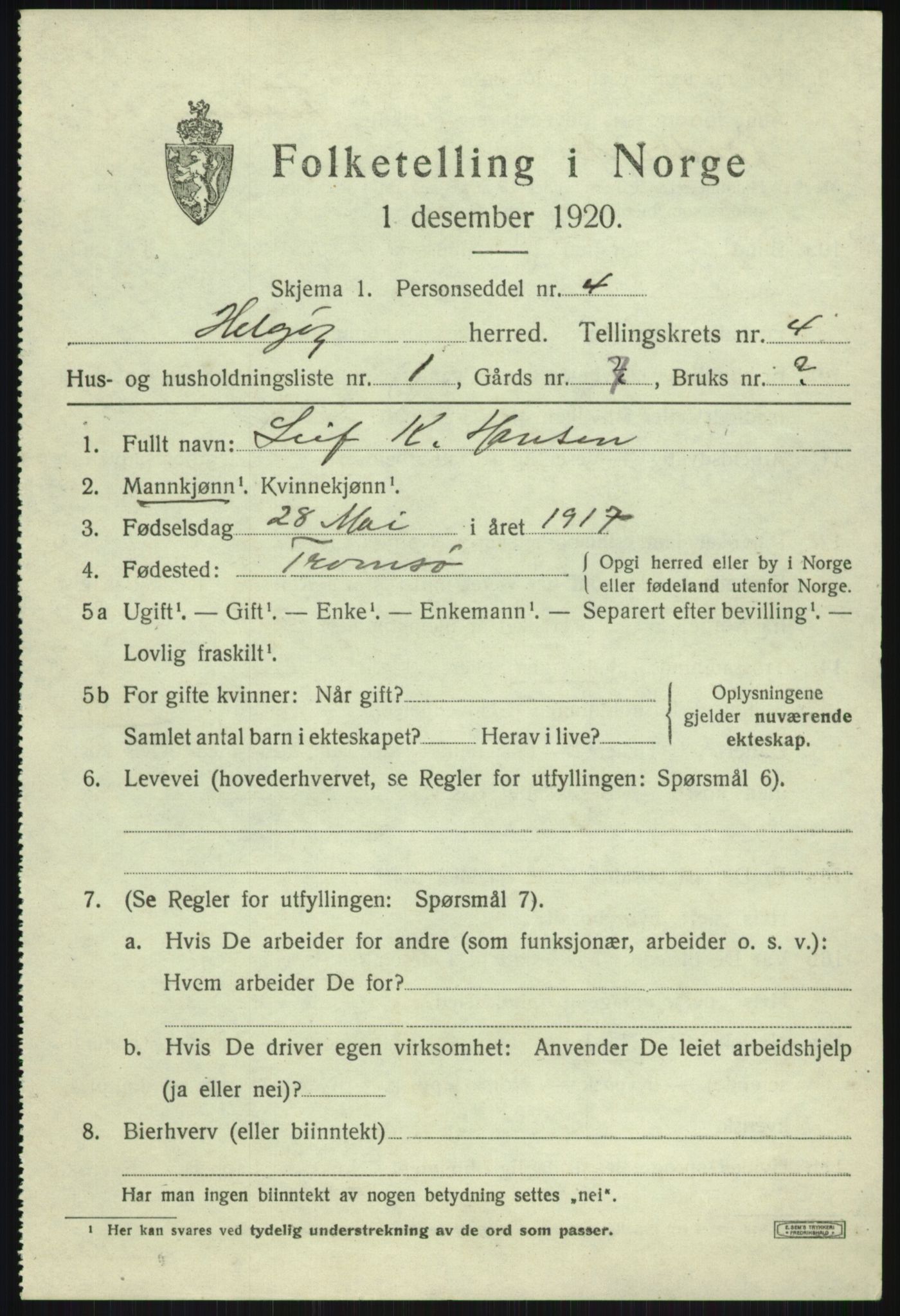 SATØ, 1920 census for Helgøy, 1920, p. 1650