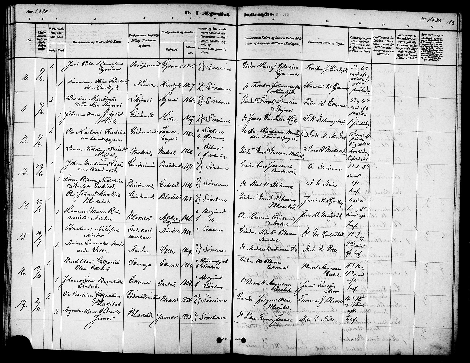 Ministerialprotokoller, klokkerbøker og fødselsregistre - Møre og Romsdal, SAT/A-1454/523/L0339: Parish register (copy) no. 523C02, 1878-1891, p. 184