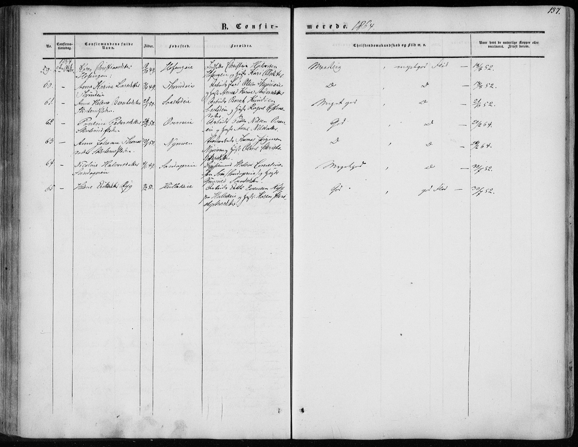 Modum kirkebøker, SAKO/A-234/F/Fa/L0009: Parish register (official) no. 9, 1860-1864, p. 137