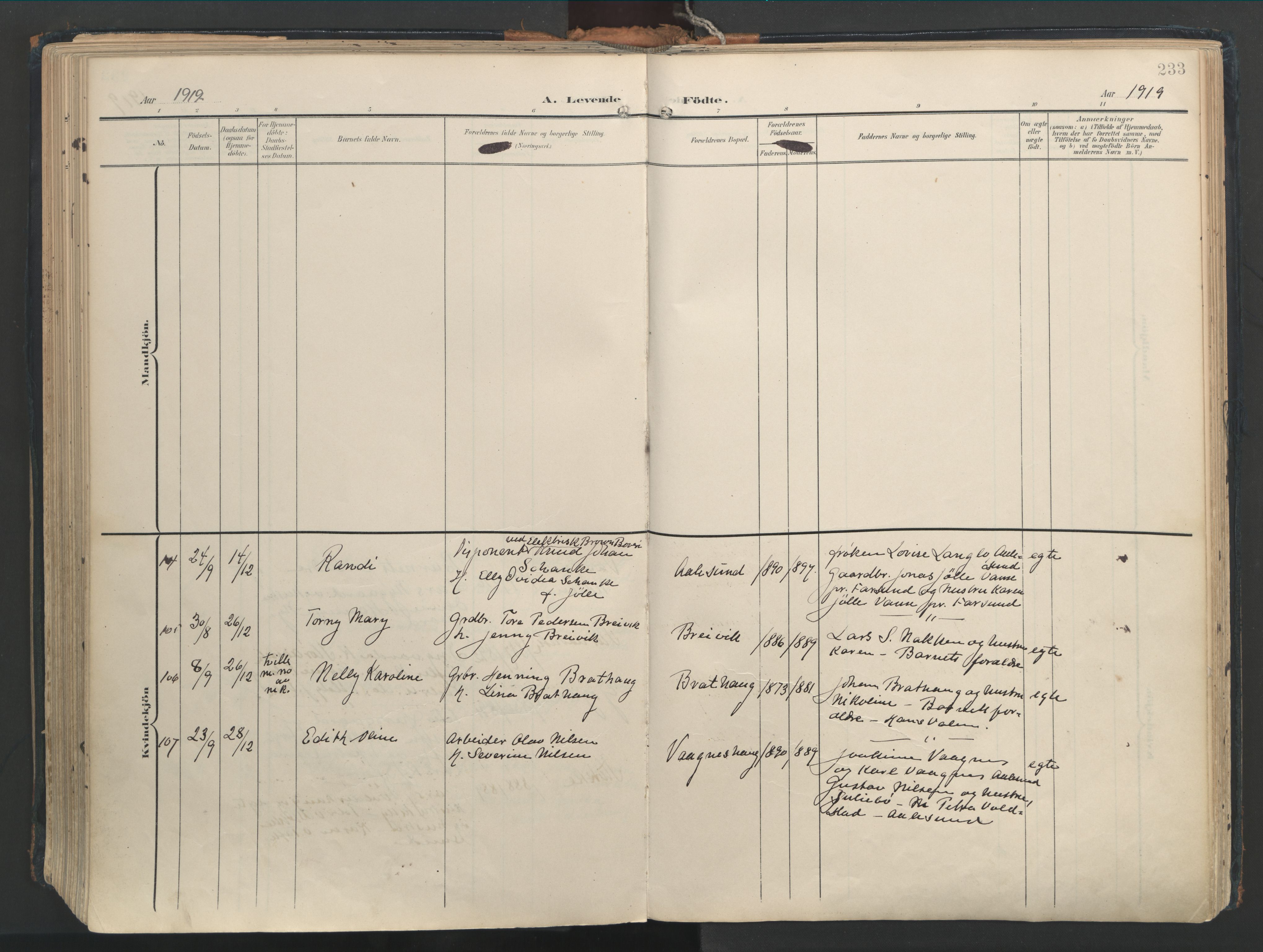 Ministerialprotokoller, klokkerbøker og fødselsregistre - Møre og Romsdal, AV/SAT-A-1454/528/L0411: Parish register (official) no. 528A20, 1907-1920, p. 233