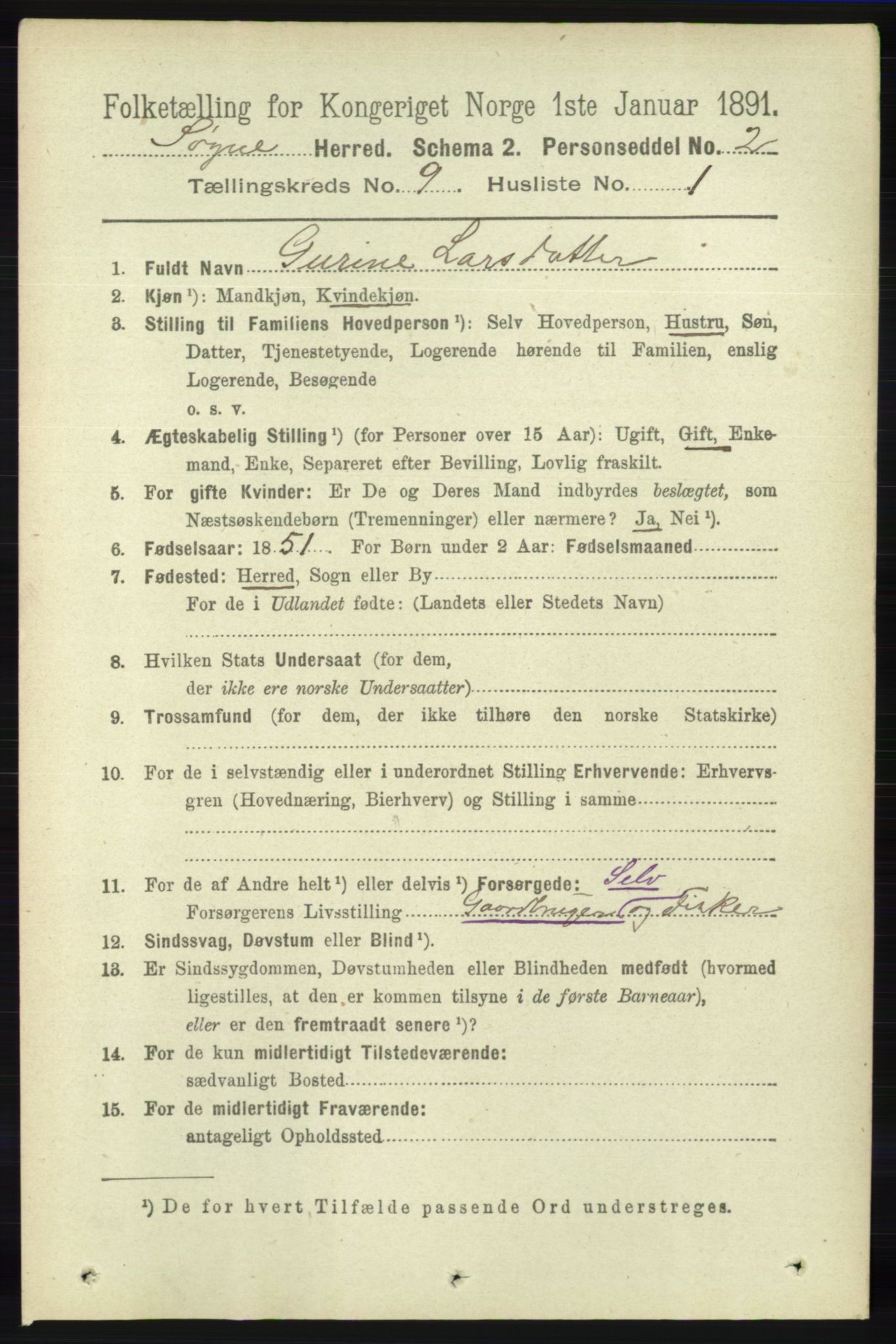 RA, 1891 census for 1018 Søgne, 1891, p. 2525