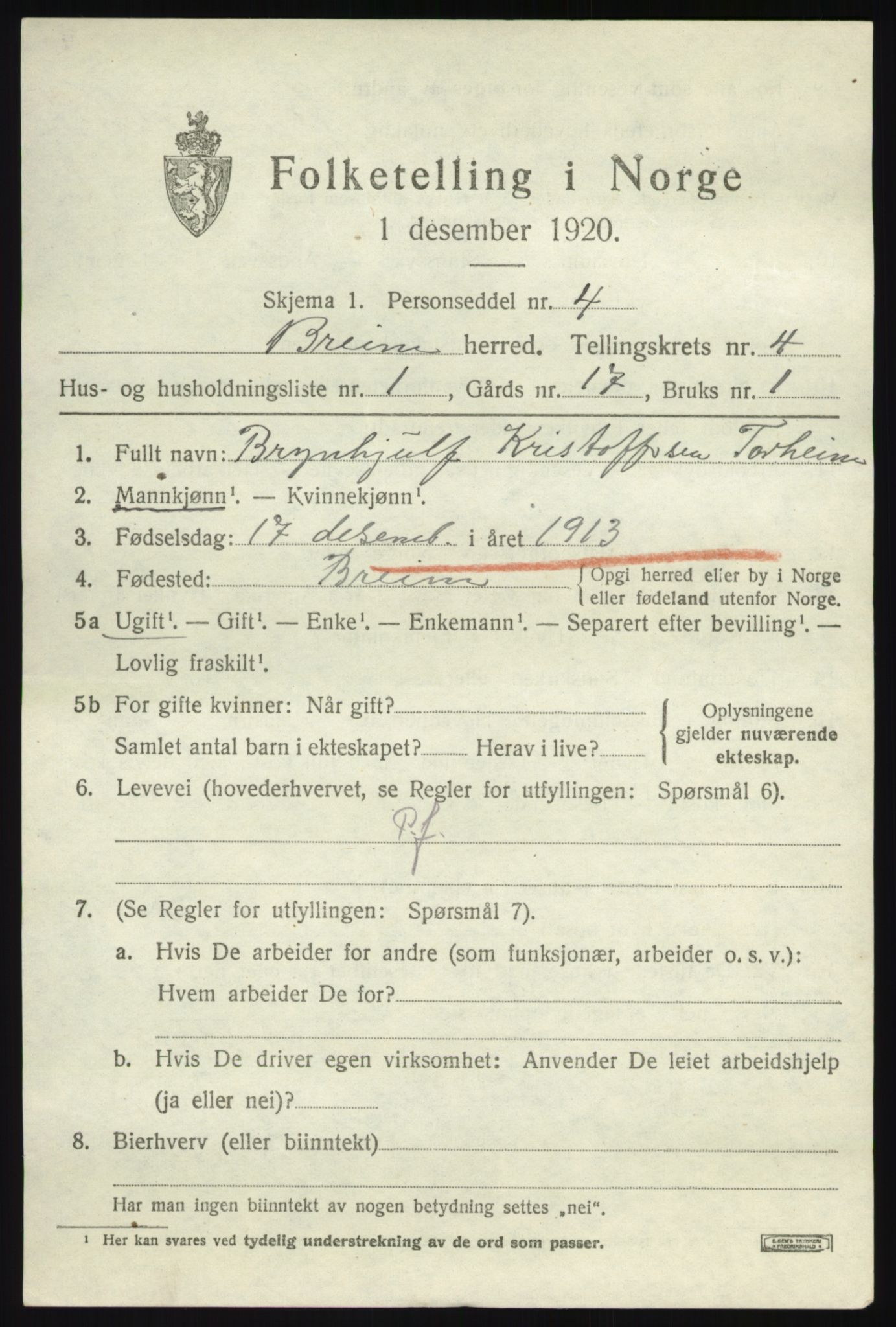 SAB, 1920 census for Breim, 1920, p. 2513