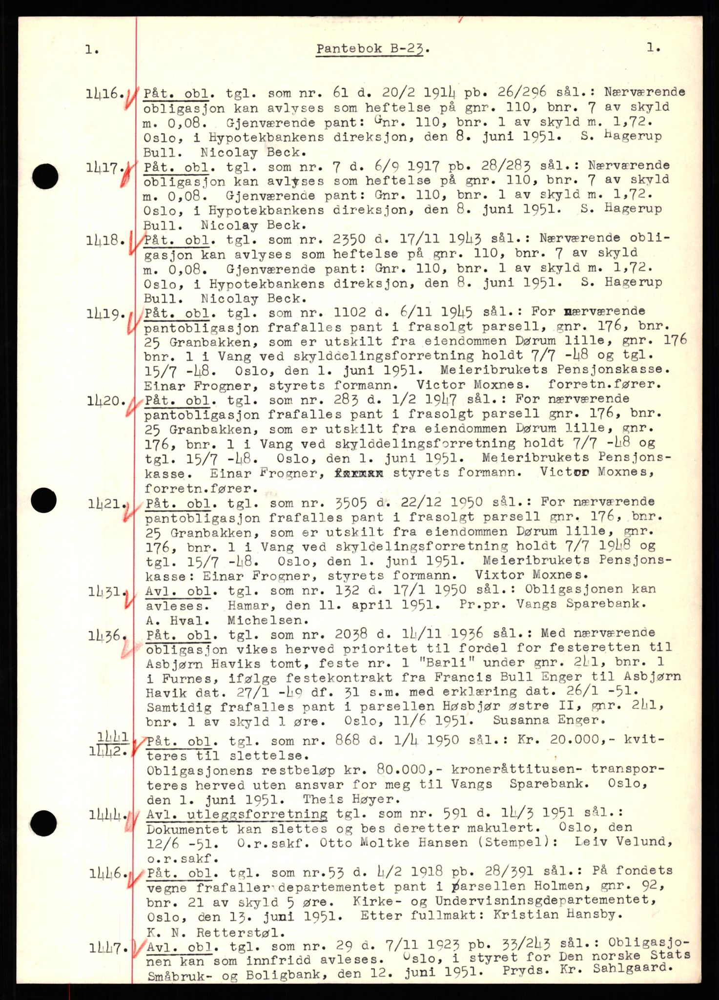 Nord-Hedmark sorenskriveri, SAH/TING-012/H/Hb/Hbf/L0023: Mortgage book no. B23, 1951-1951, Diary no: : 1416/1951