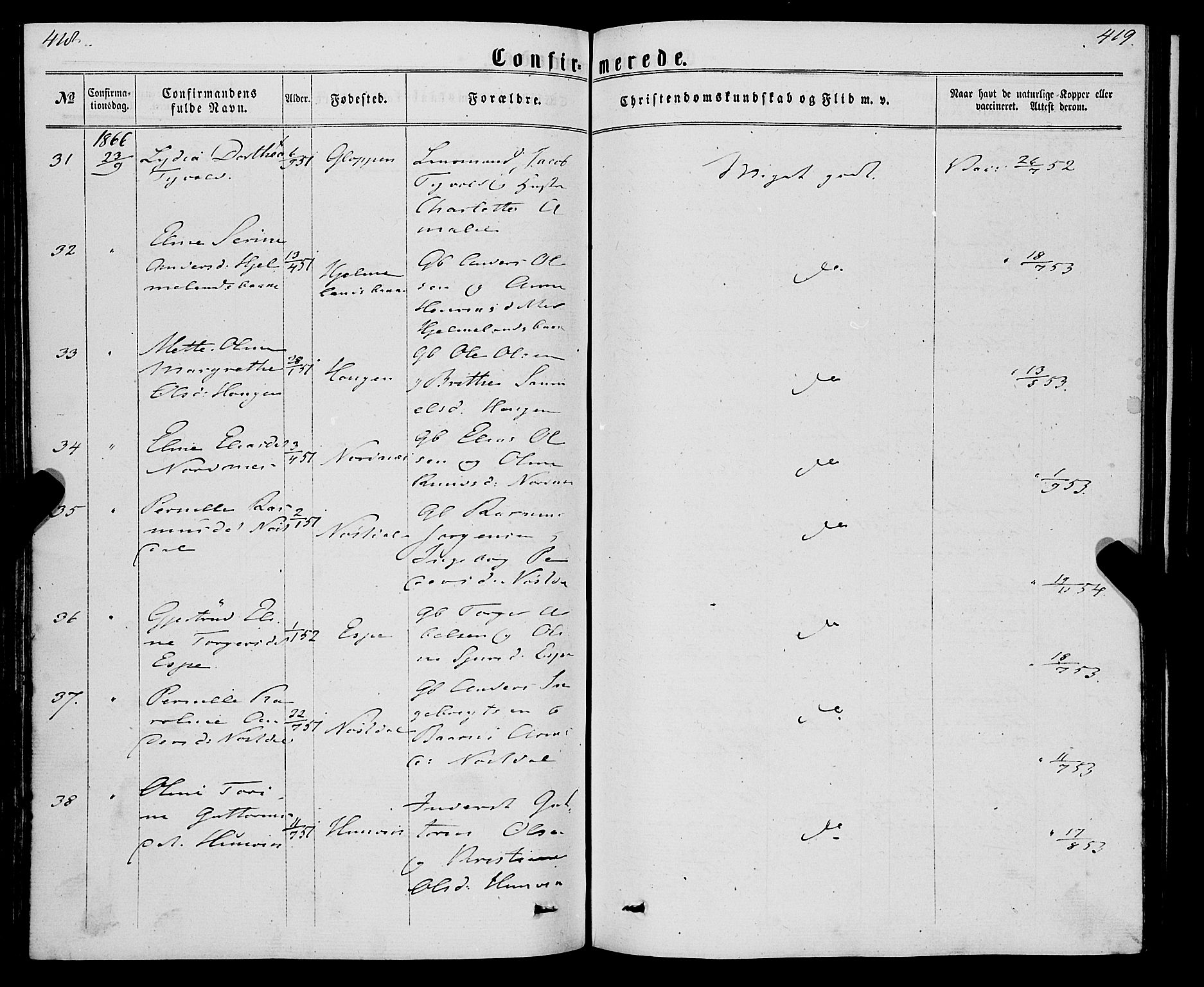 Eid sokneprestembete, SAB/A-82301/H/Haa/Haaa/L0009: Parish register (official) no. A 9, 1861-1868, p. 418-419