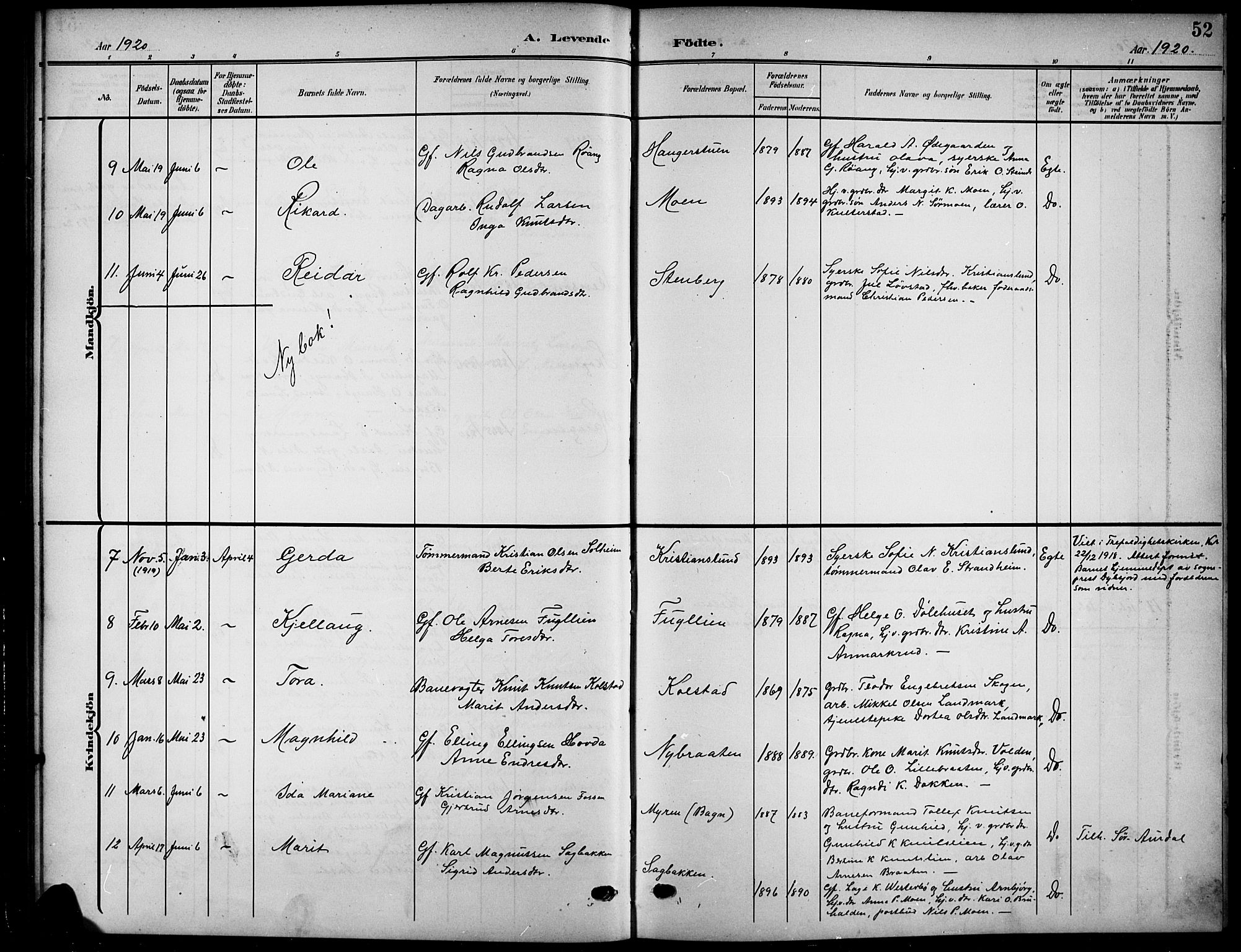 Nord-Aurdal prestekontor, SAH/PREST-132/H/Ha/Hab/L0012: Parish register (copy) no. 12, 1907-1920, p. 52