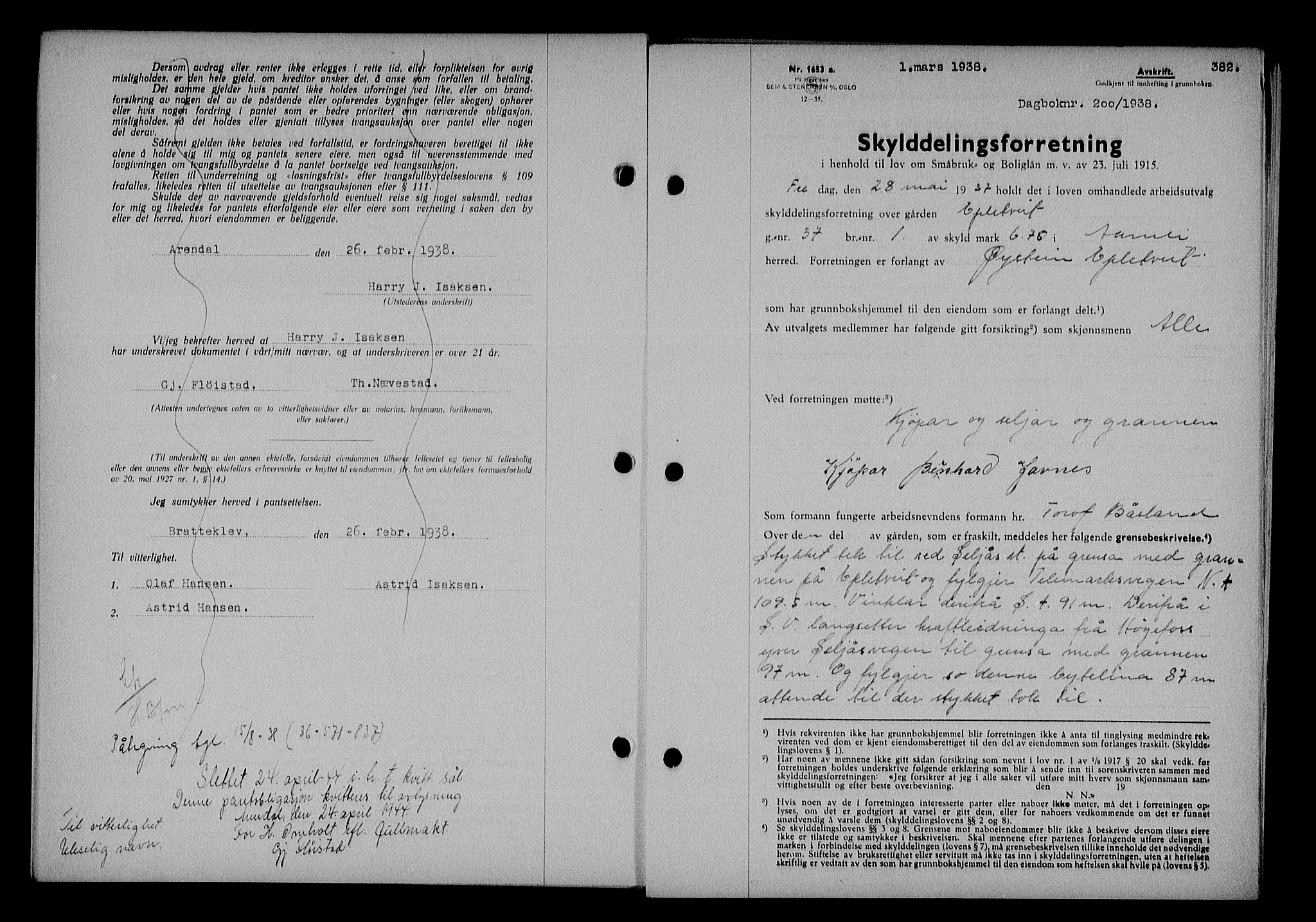 Nedenes sorenskriveri, AV/SAK-1221-0006/G/Gb/Gba/L0044: Mortgage book no. 40, 1937-1938, Diary no: : 200/1938