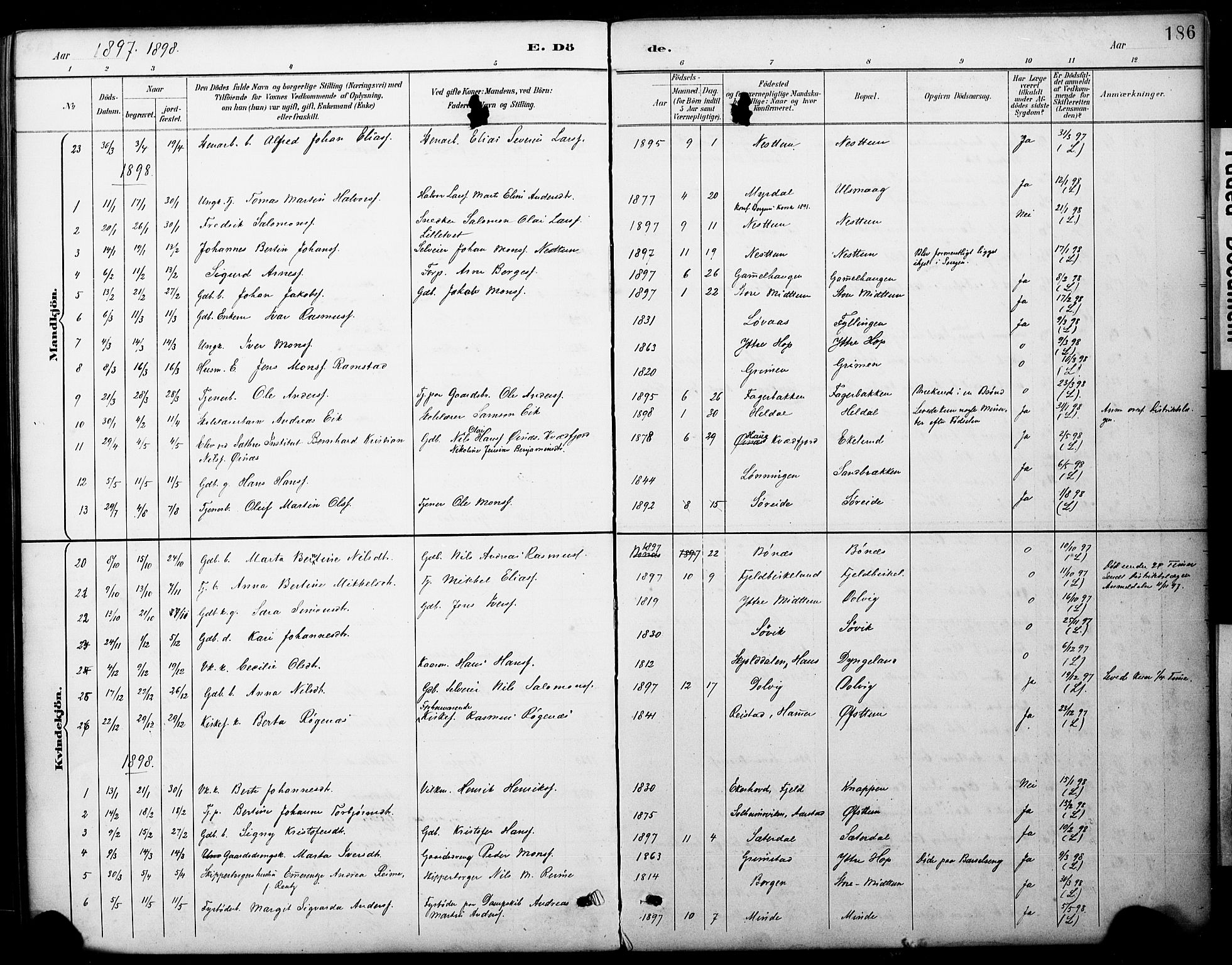 Fana Sokneprestembete, SAB/A-75101/H/Haa/Haai/L0002: Parish register (official) no. I 2, 1888-1899, p. 186