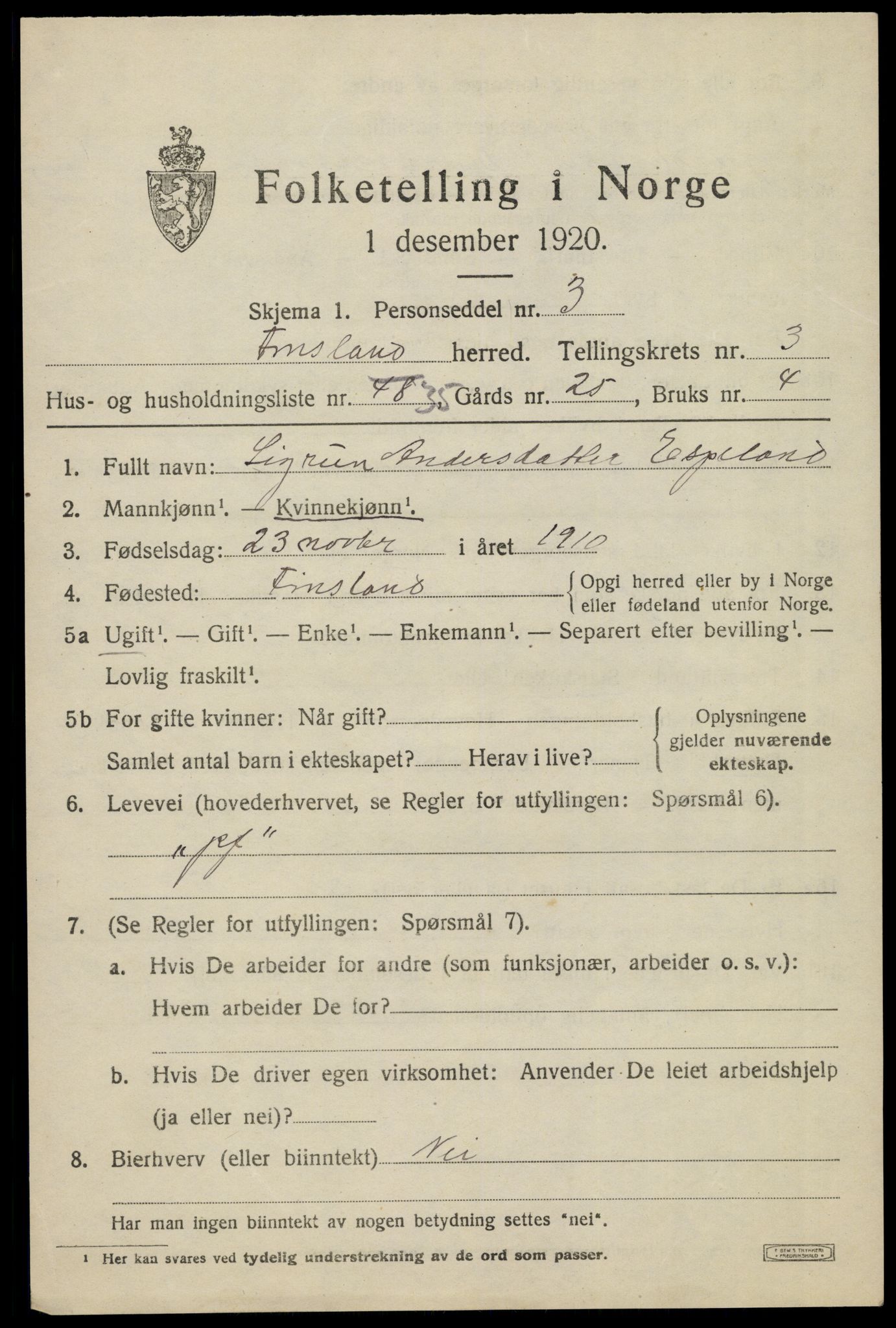 SAK, 1920 census for Finsland, 1920, p. 1586