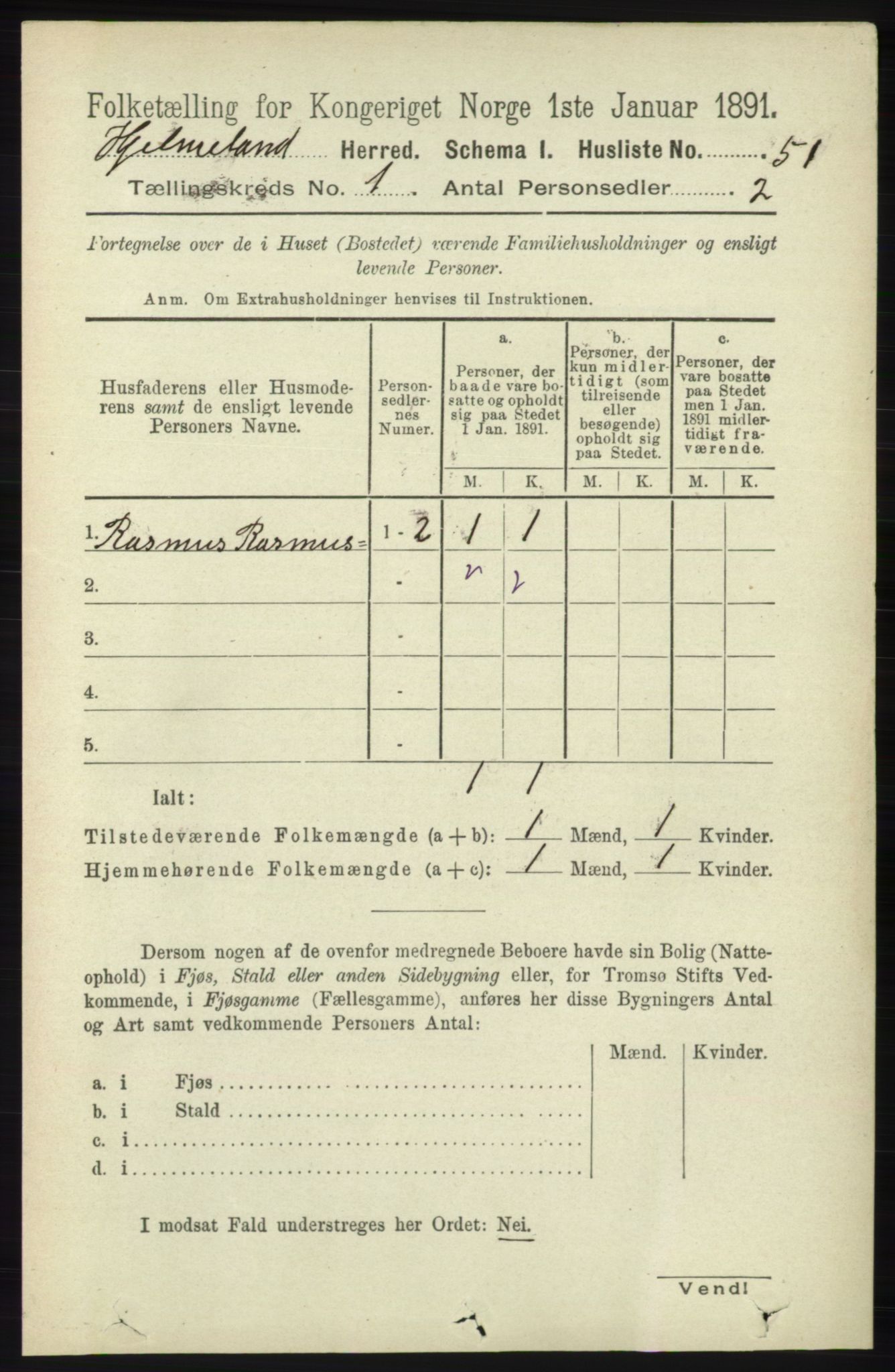 RA, 1891 census for 1133 Hjelmeland, 1891, p. 73