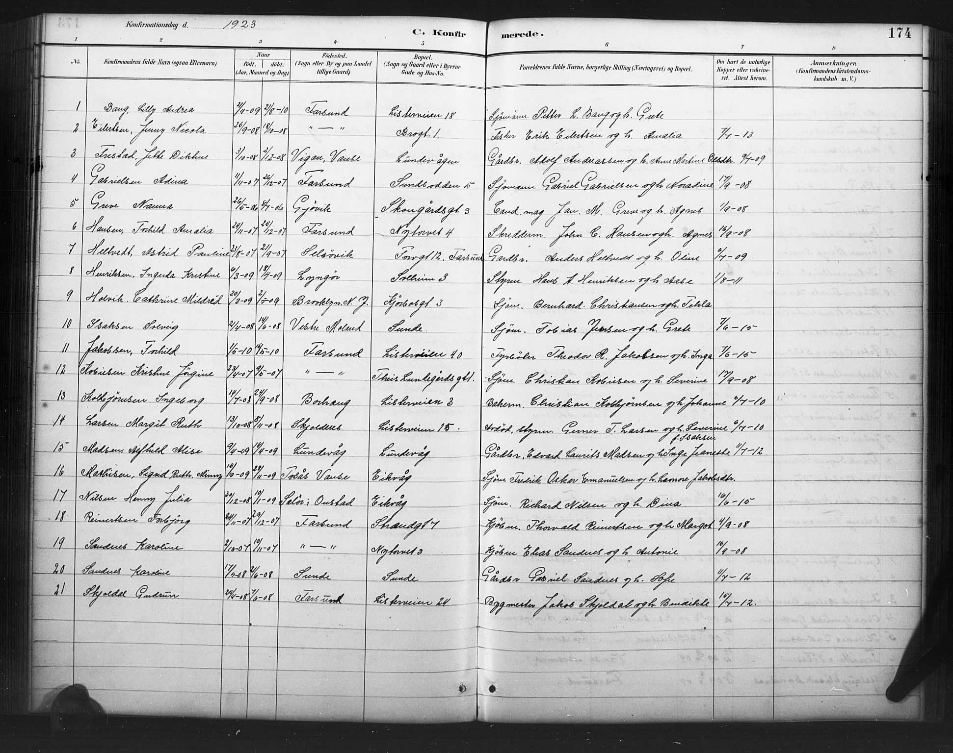 Farsund sokneprestkontor, AV/SAK-1111-0009/F/Fb/L0001: Parish register (copy) no. B 1, 1886-1931, p. 174