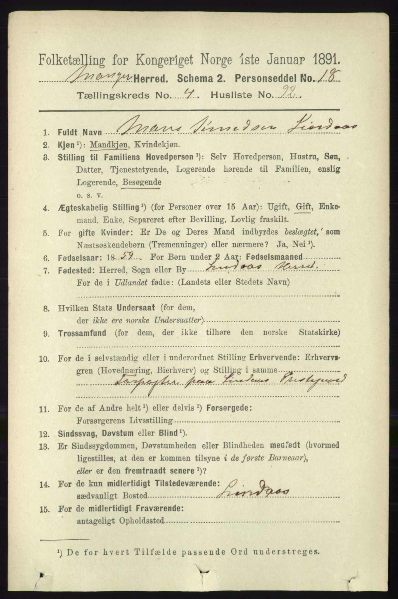 RA, 1891 census for 1261 Manger, 1891, p. 2539