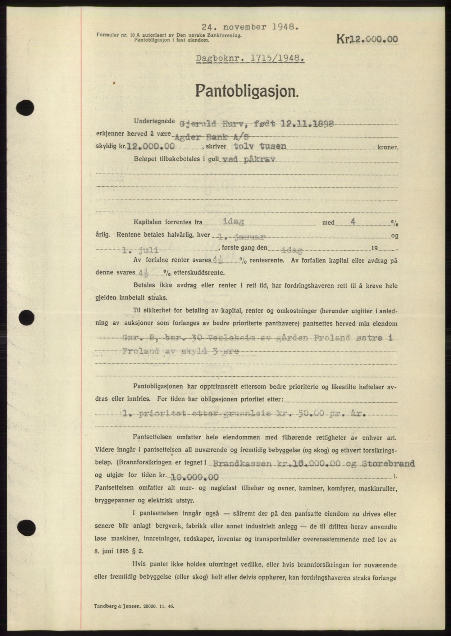 Nedenes sorenskriveri, AV/SAK-1221-0006/G/Gb/Gbb/L0005: Mortgage book no. B5, 1948-1948, Diary no: : 1715/1948