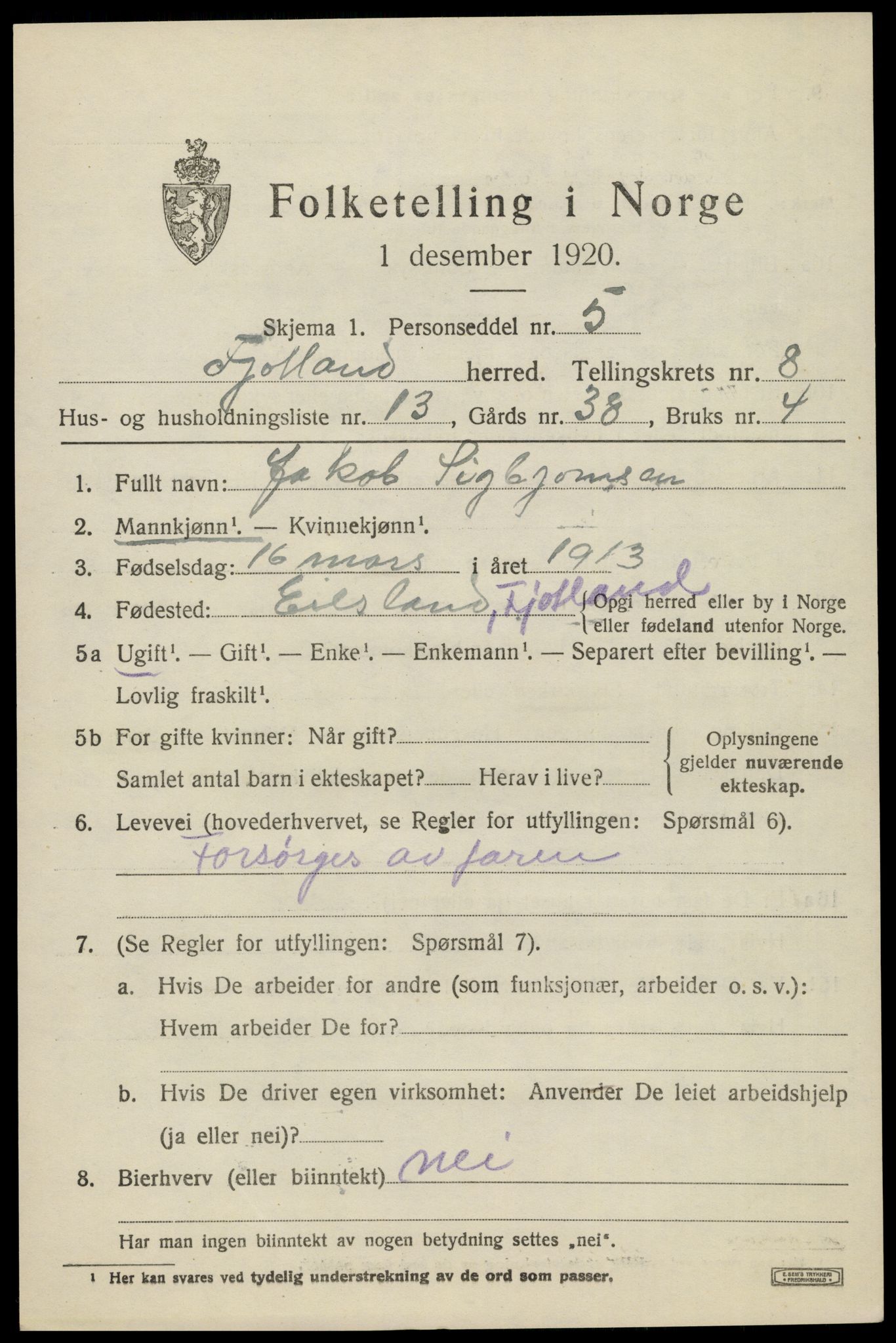 SAK, 1920 census for Fjotland, 1920, p. 2130
