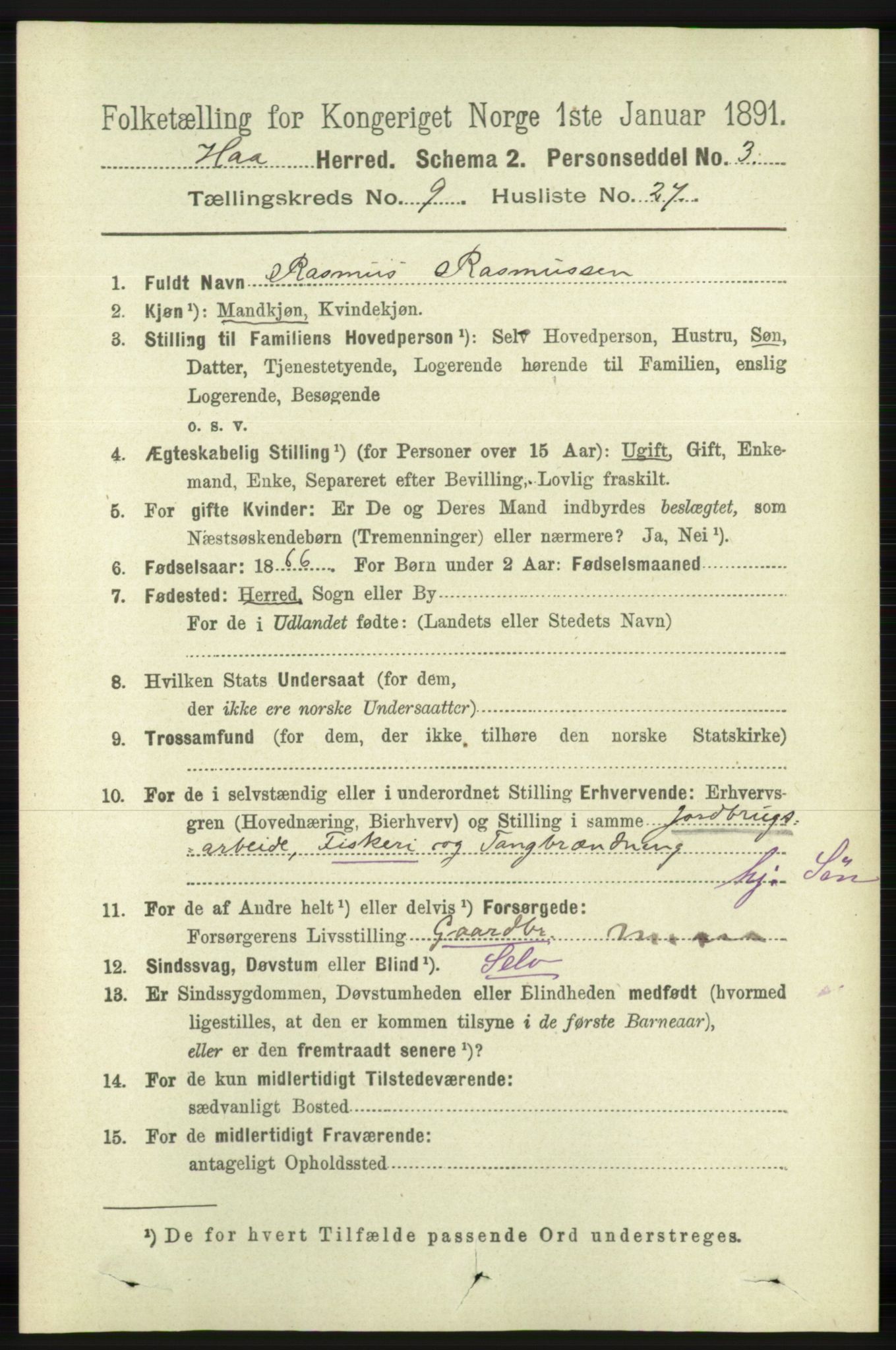 RA, 1891 census for 1119 Hå, 1891, p. 2365