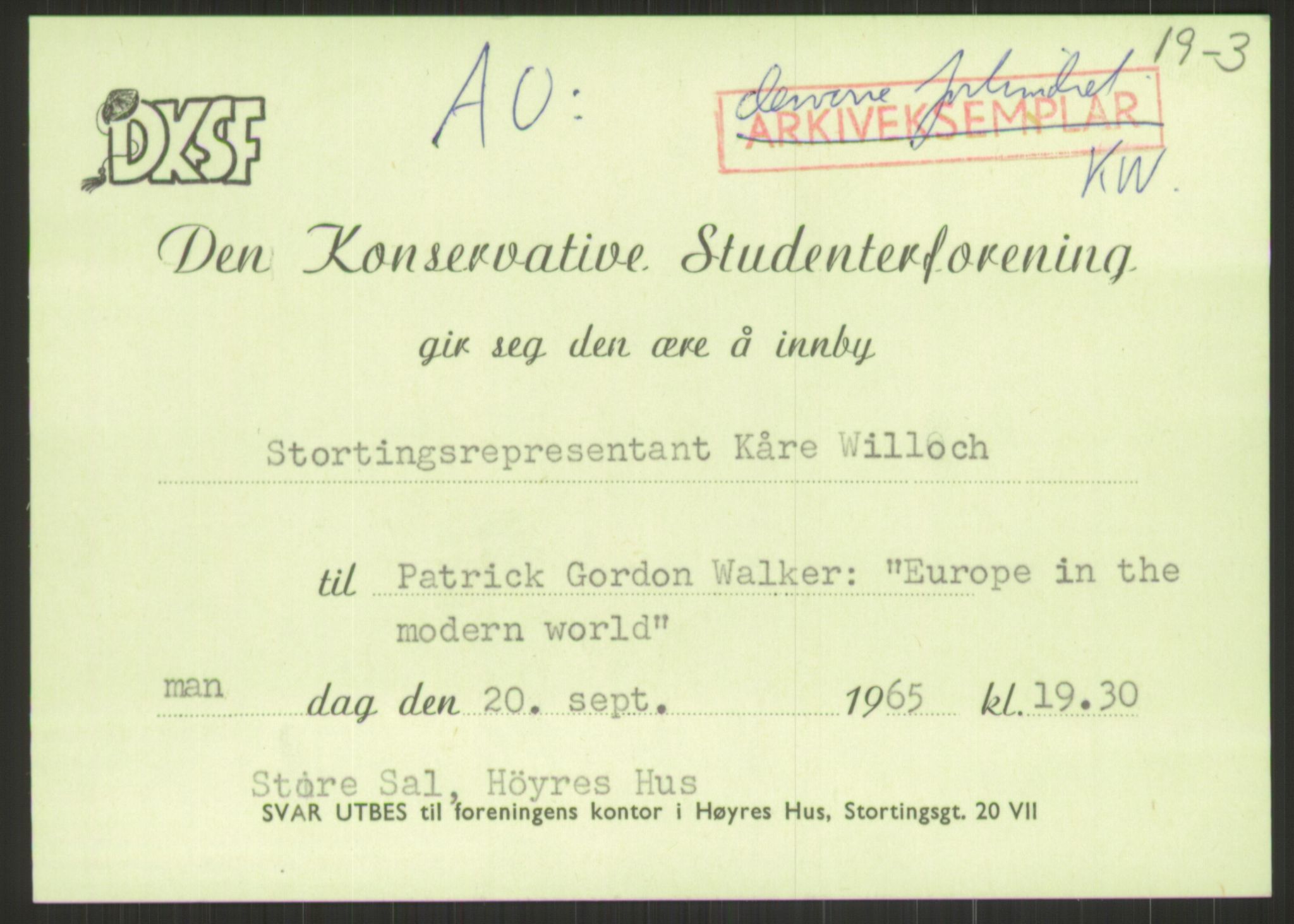 Høyres Hovedorganisasjon, AV/RA-PA-0583/1/D/Dd/L0130: 19 Generalsekretæren/21 Stortinget, 1952-1965, p. 5