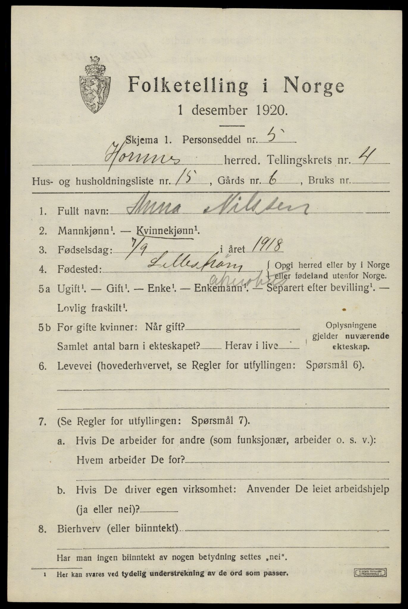 SAK, 1920 census for Hornnes, 1920, p. 1333