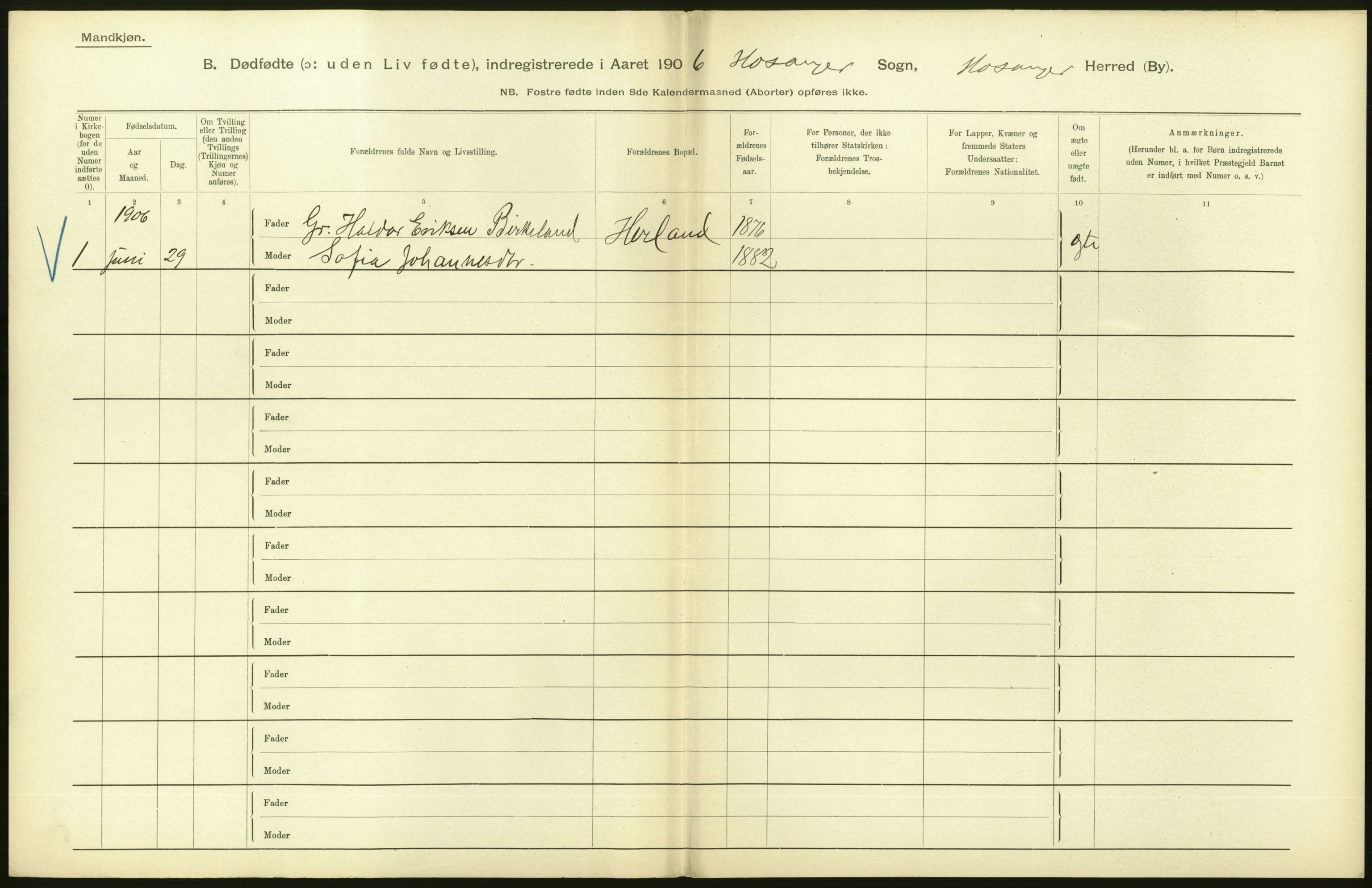 Statistisk sentralbyrå, Sosiodemografiske emner, Befolkning, AV/RA-S-2228/D/Df/Dfa/Dfad/L0029: S. Bergenhus amt: Gifte, dødfødte. Bygder., 1906, p. 242