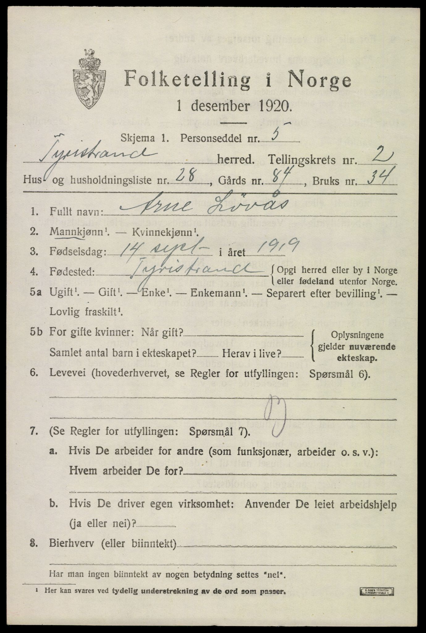 SAKO, 1920 census for Tyristrand, 1920, p. 1610