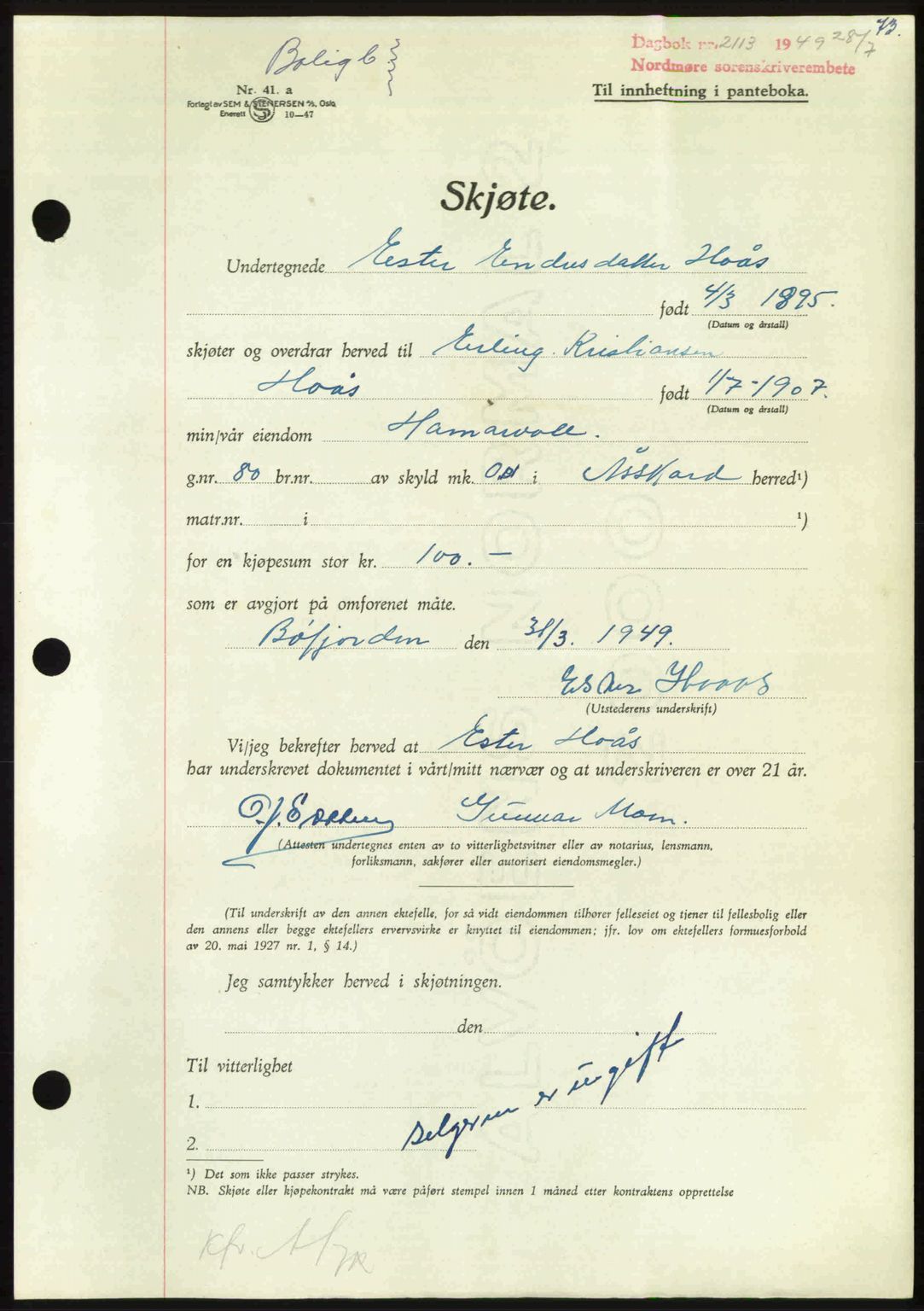 Nordmøre sorenskriveri, AV/SAT-A-4132/1/2/2Ca: Mortgage book no. A112, 1949-1949, Diary no: : 2113/1949