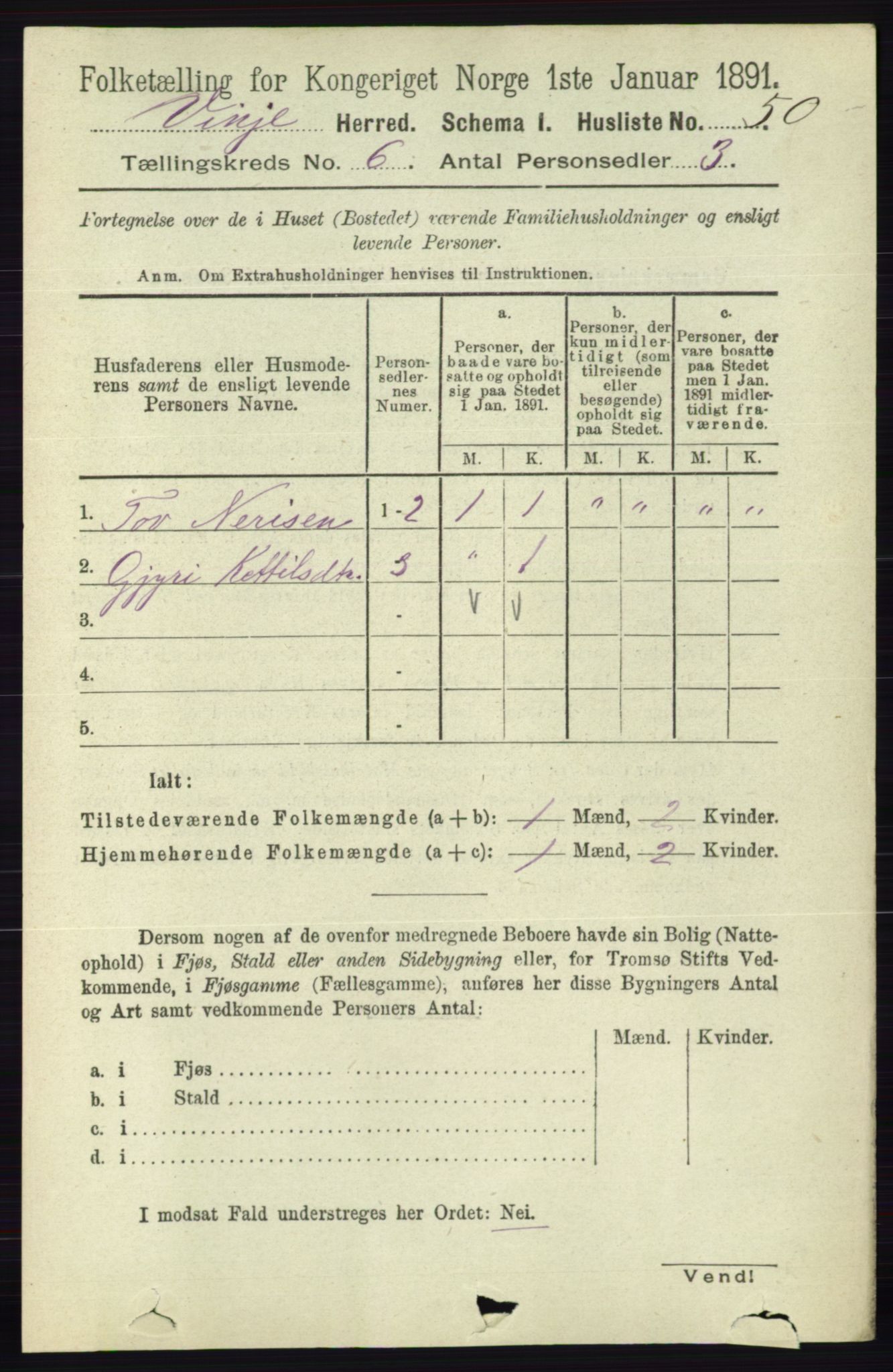 RA, 1891 census for 0834 Vinje, 1891, p. 1406