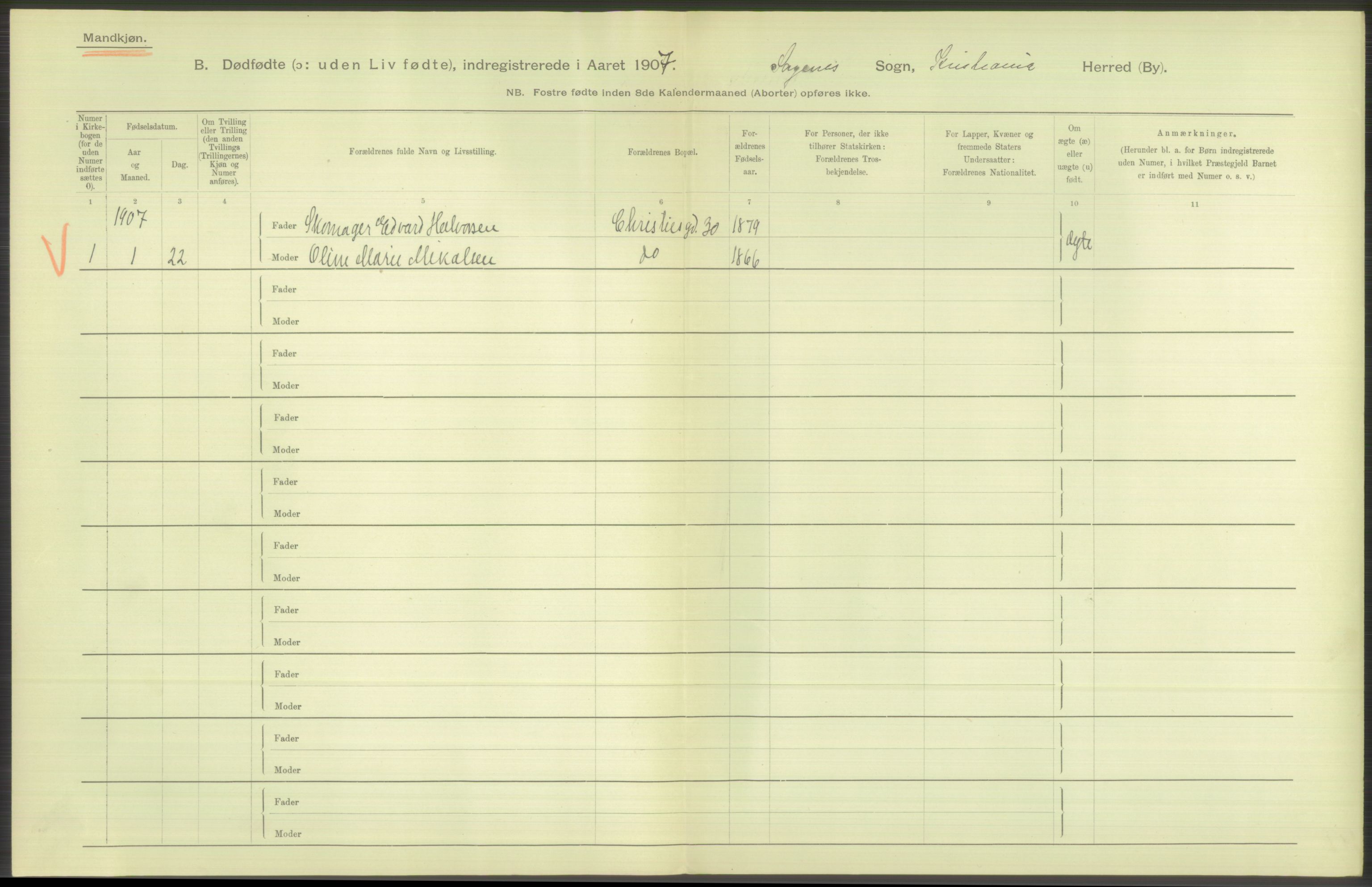 Statistisk sentralbyrå, Sosiodemografiske emner, Befolkning, RA/S-2228/D/Df/Dfa/Dfae/L0010: Kristiania: Døde, dødfødte, 1907, p. 72