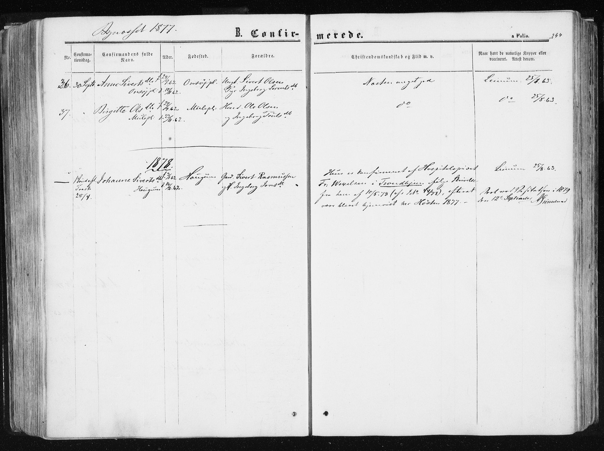 Ministerialprotokoller, klokkerbøker og fødselsregistre - Sør-Trøndelag, SAT/A-1456/612/L0377: Parish register (official) no. 612A09, 1859-1877, p. 244