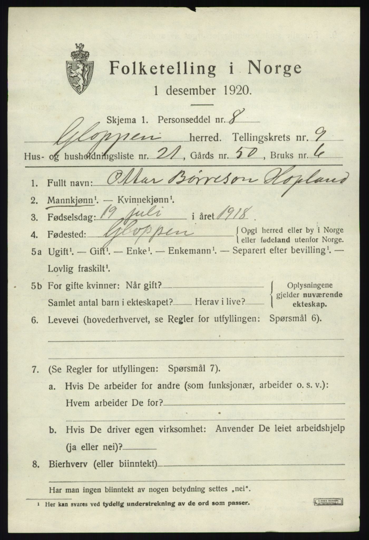 SAB, 1920 census for Gloppen, 1920, p. 5204