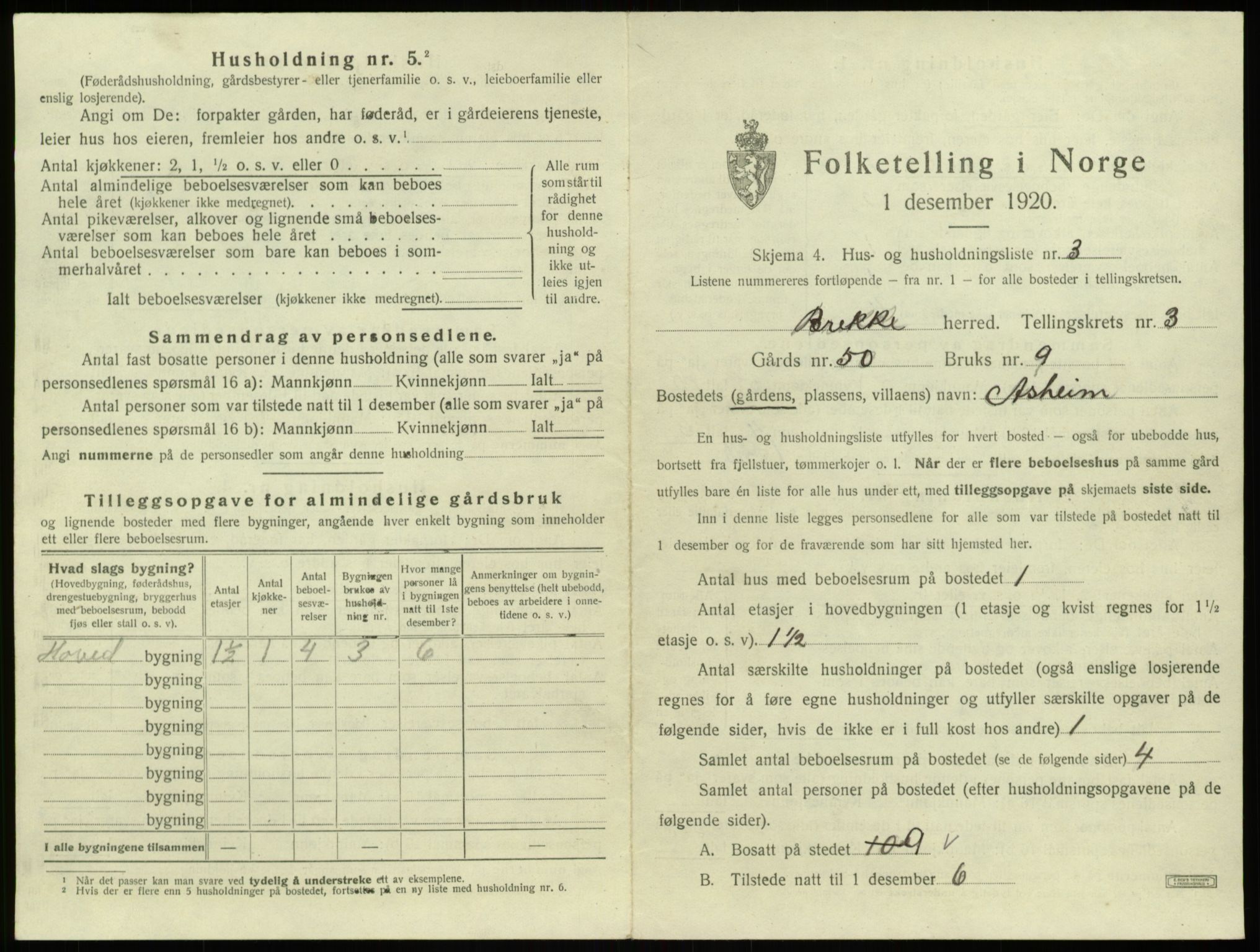 SAB, 1920 census for Brekke, 1920, p. 99