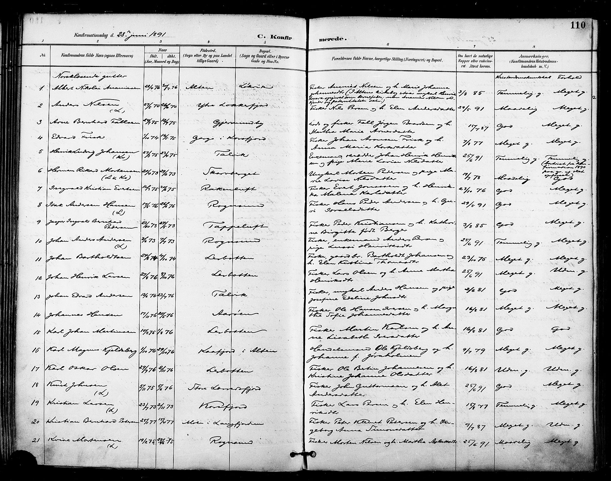Talvik sokneprestkontor, SATØ/S-1337/H/Ha/L0013kirke: Parish register (official) no. 13, 1886-1897, p. 110