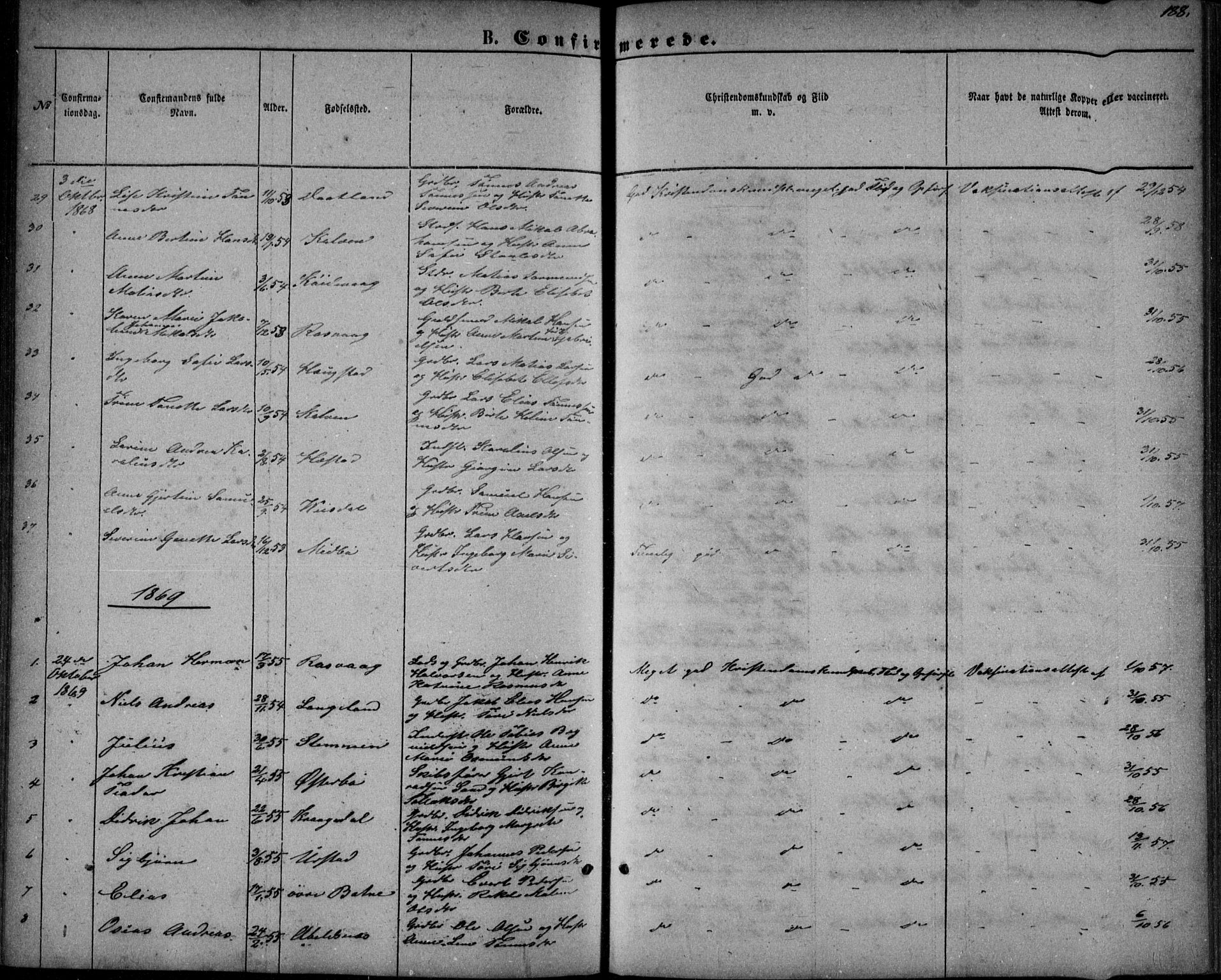 Flekkefjord sokneprestkontor, AV/SAK-1111-0012/F/Fb/Fbb/L0003: Parish register (copy) no. B 3, 1867-1889, p. 188