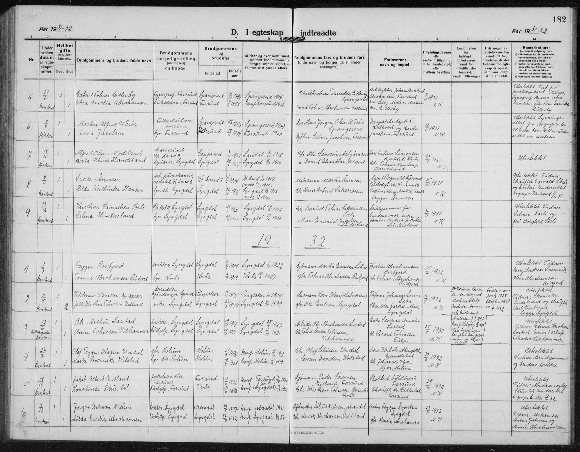 Lyngdal sokneprestkontor, AV/SAK-1111-0029/F/Fb/Fbc/L0006: Parish register (copy) no. B 6, 1914-1934, p. 182