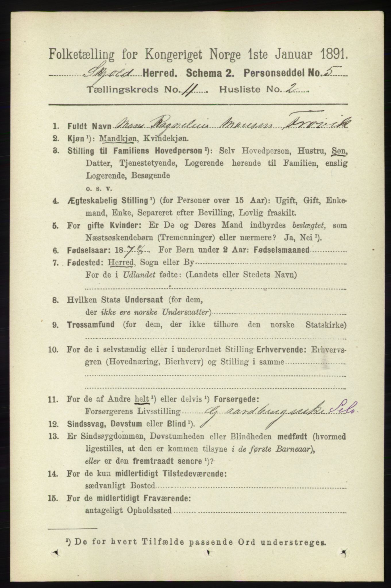 RA, 1891 census for 1154 Skjold, 1891, p. 2079