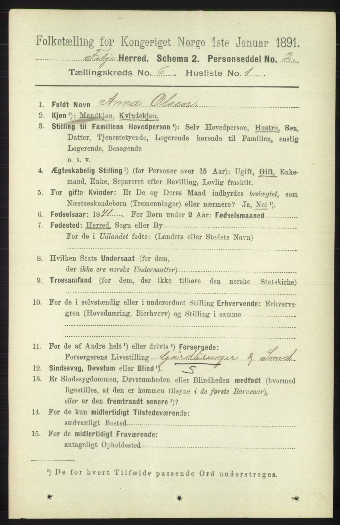 RA, 1891 census for 1222 Fitjar, 1891, p. 2382