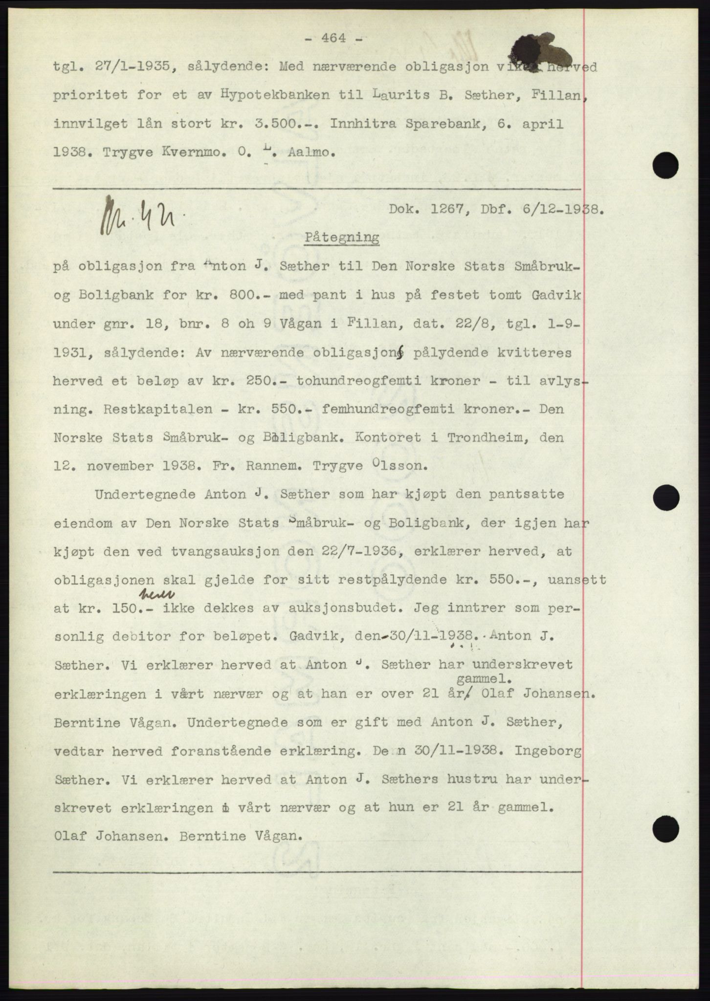 Hitra sorenskriveri, AV/SAT-A-0018/2/2C/2Ca: Mortgage book no. C1, 1936-1945, Diary no: : 1267/1938