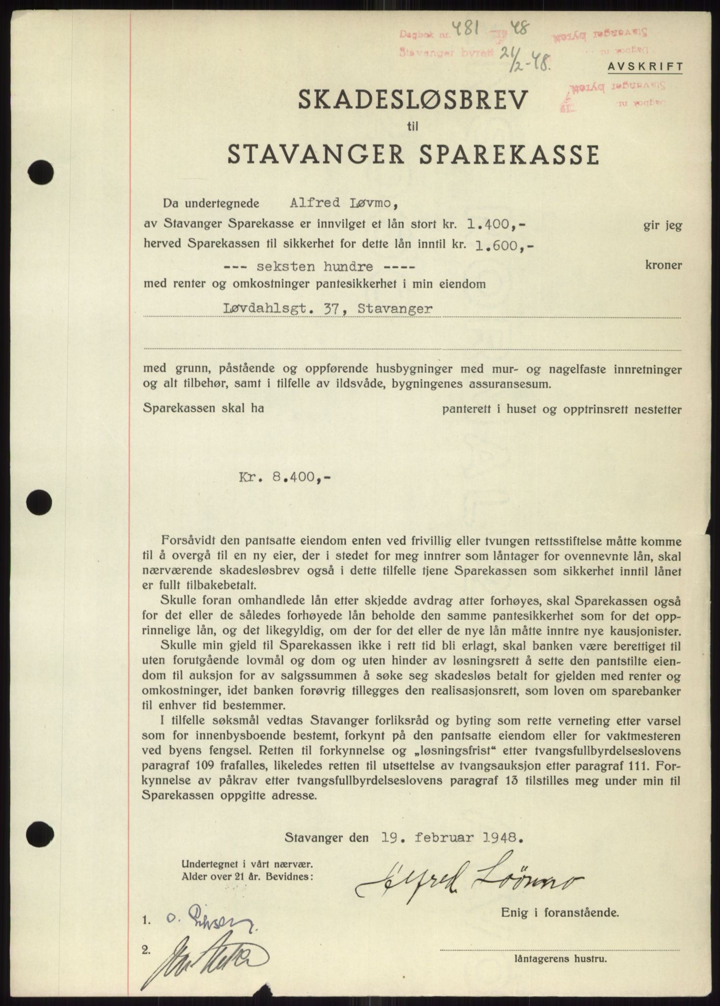 Stavanger byrett, SAST/A-100455/002/G/Gb/L0032: Mortgage book, 1947-1950, Diary no: : 481/1948