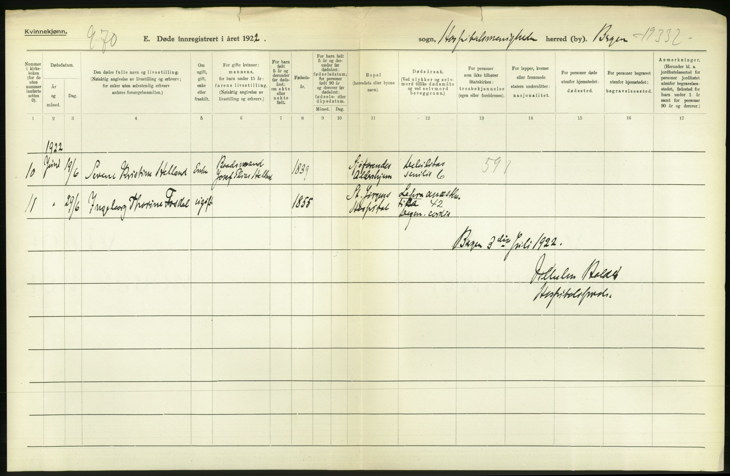 Statistisk sentralbyrå, Sosiodemografiske emner, Befolkning, AV/RA-S-2228/D/Df/Dfc/Dfcb/L0030: Bergen: Gifte, døde, dødfødte., 1922, p. 432