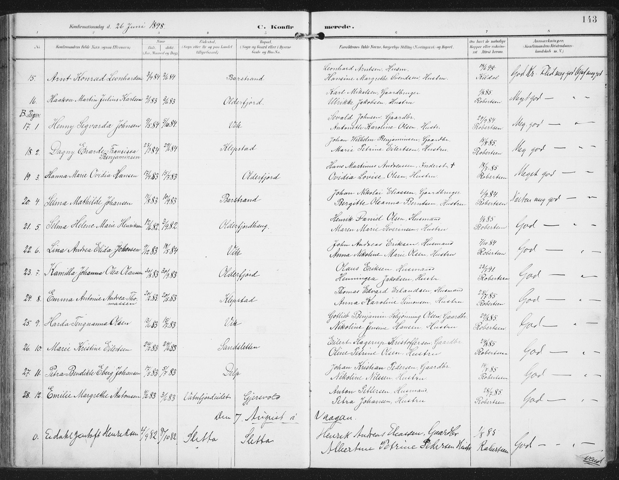 Ministerialprotokoller, klokkerbøker og fødselsregistre - Nordland, AV/SAT-A-1459/876/L1098: Parish register (official) no. 876A04, 1896-1915, p. 143