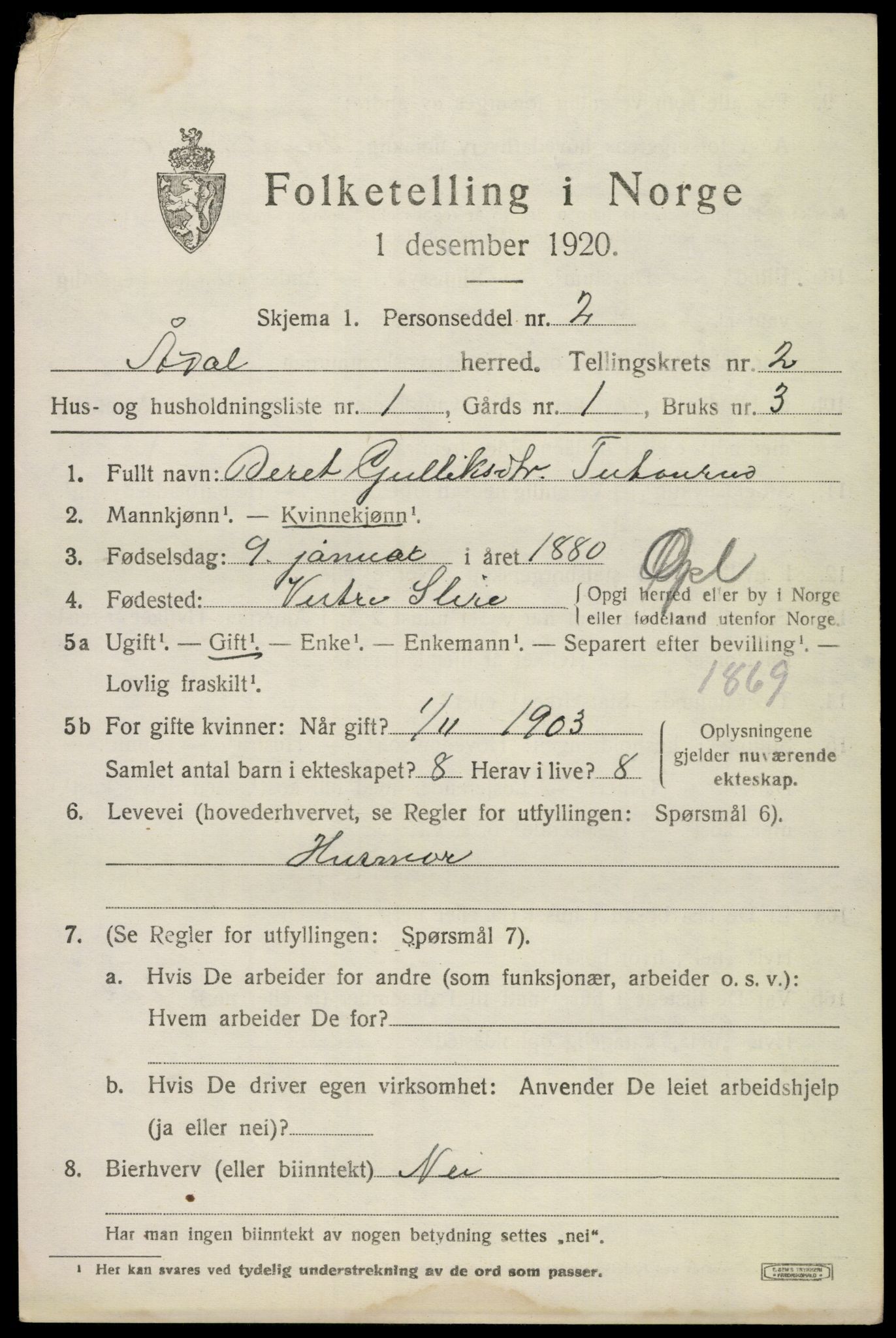 SAKO, 1920 census for Ådal, 1920, p. 2176