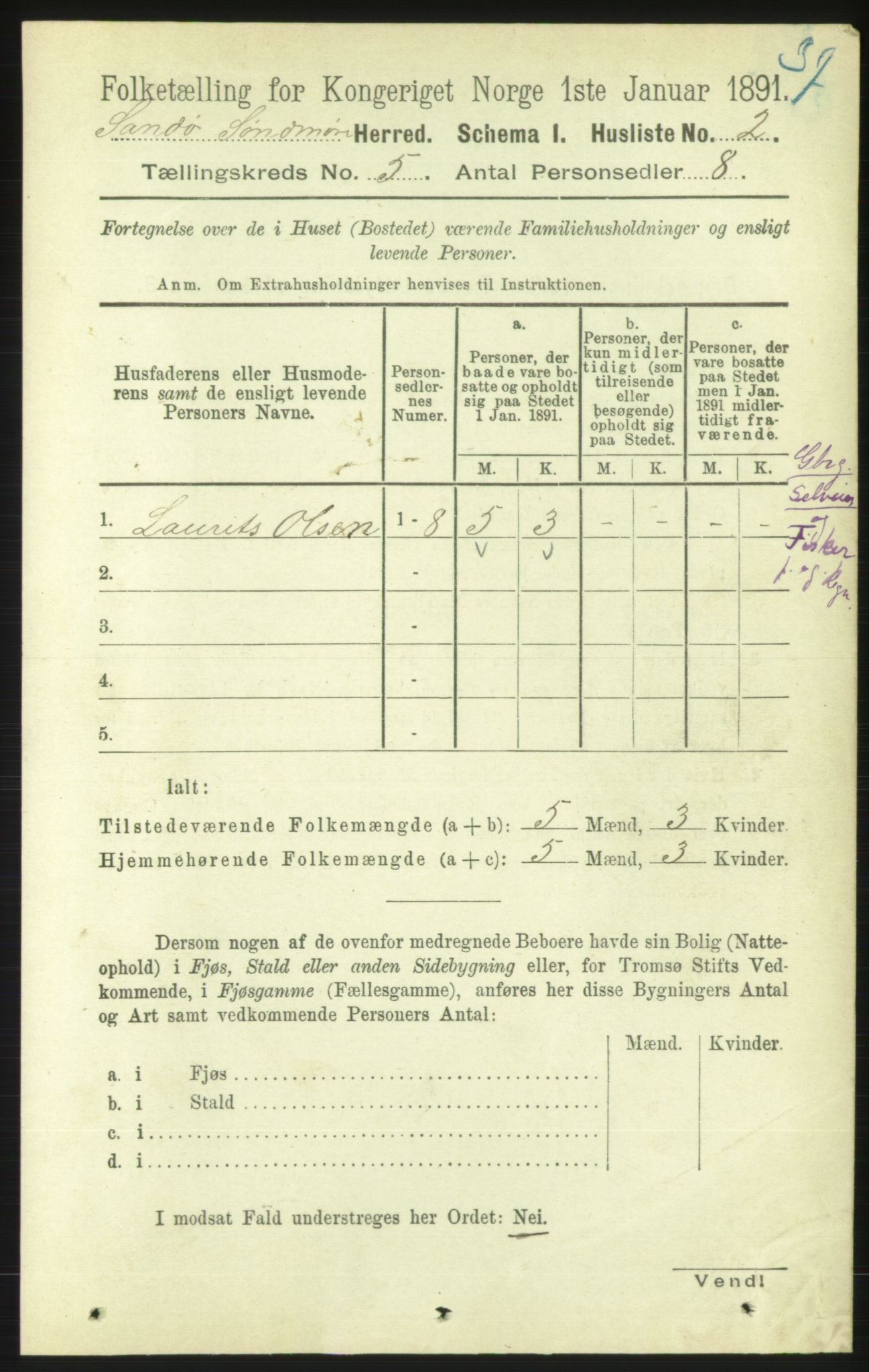 RA, 1891 census for 1514 Sande, 1891, p. 650