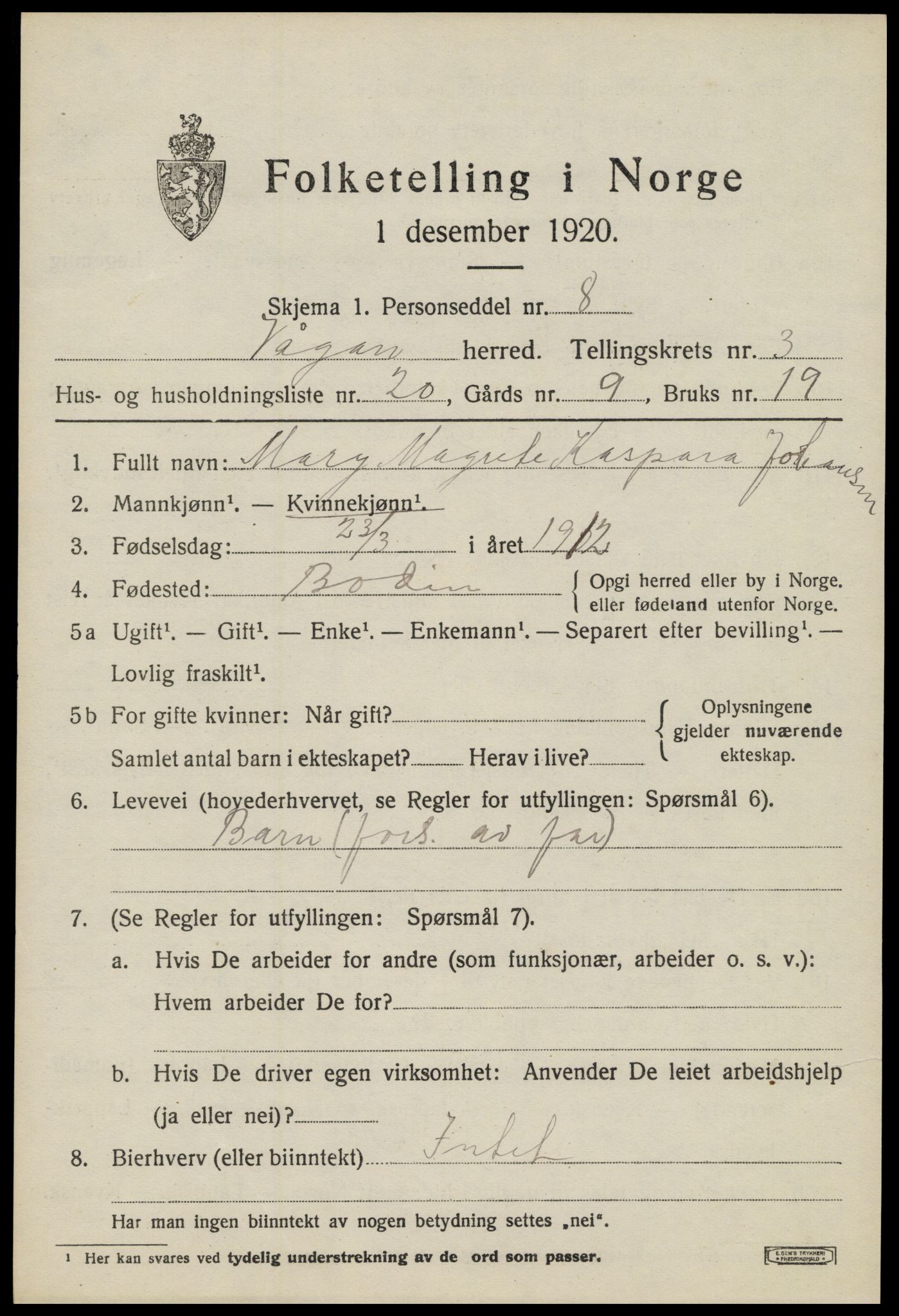 SAT, 1920 census for Vågan, 1920, p. 2833