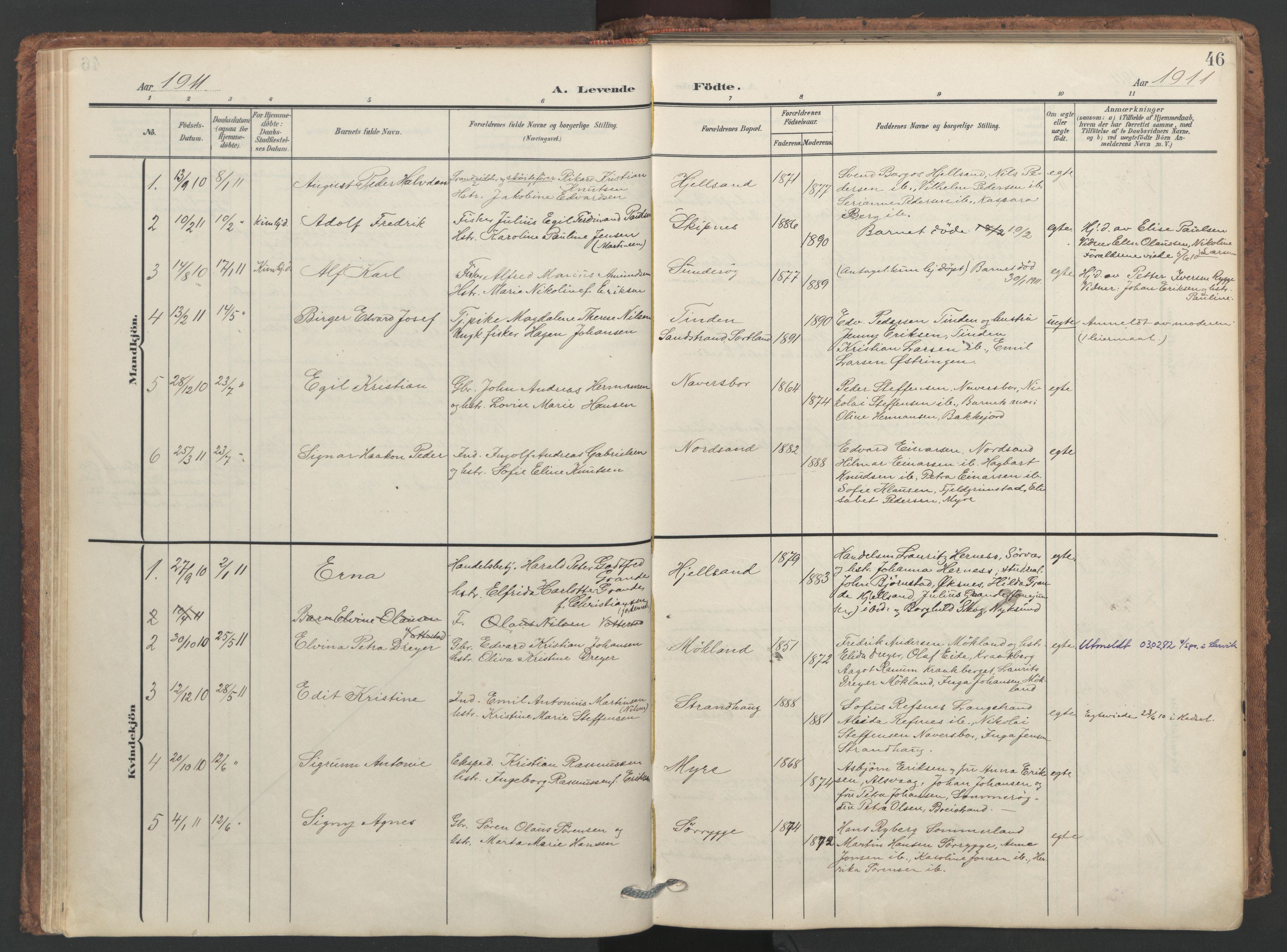Ministerialprotokoller, klokkerbøker og fødselsregistre - Nordland, SAT/A-1459/893/L1339: Parish register (official) no. 893A11, 1904-1914, p. 46