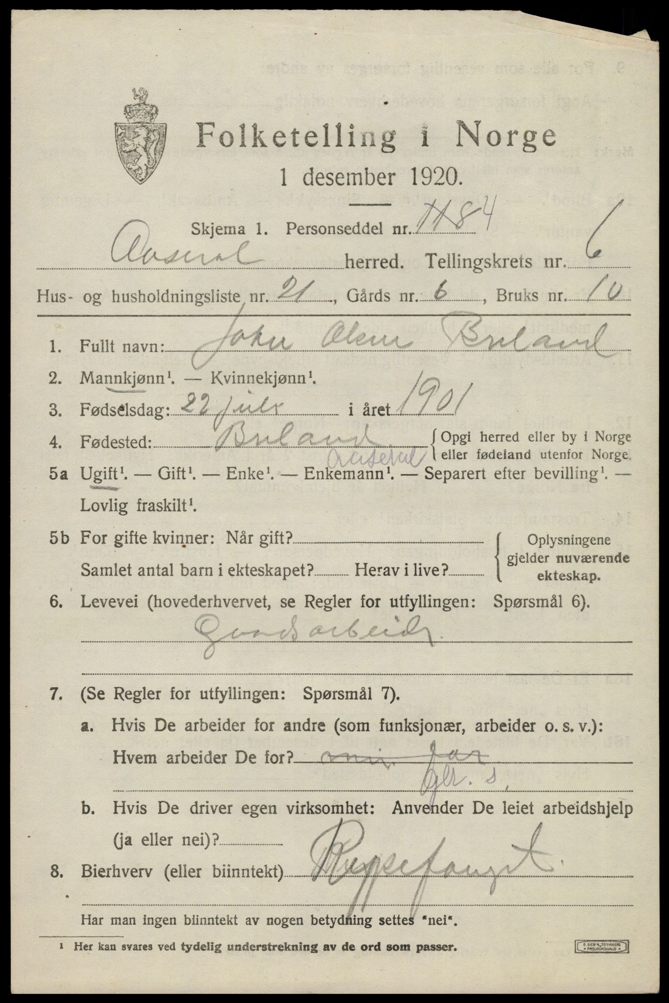 SAK, 1920 census for Åseral, 1920, p. 2032