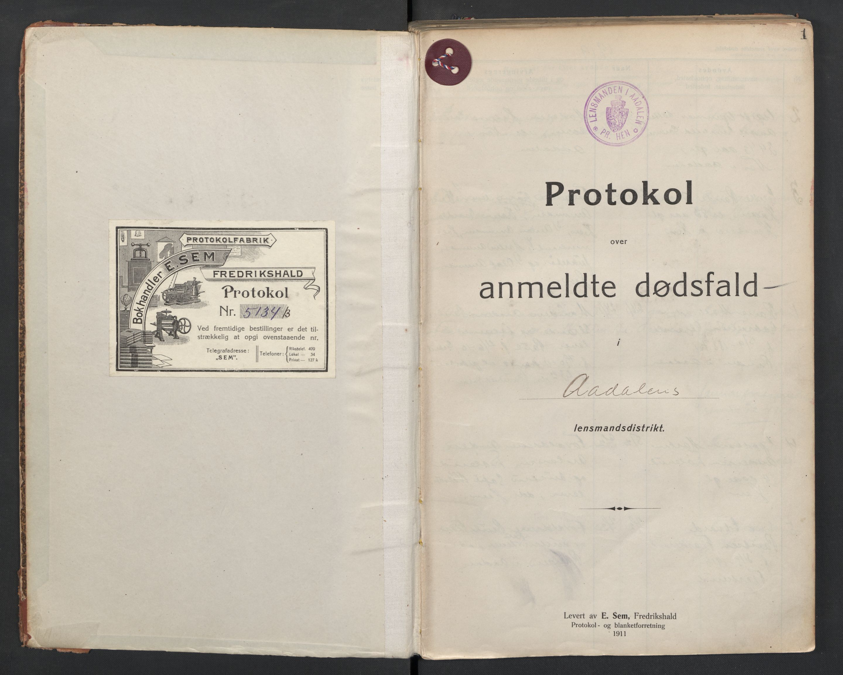 Ådal lensmannskontor, SAKO/A-518/H/Ha/L0001/0002: Dødsfallsprotokoll  / Dødsfallsprotokoll 2, 1919-1942, p. 1