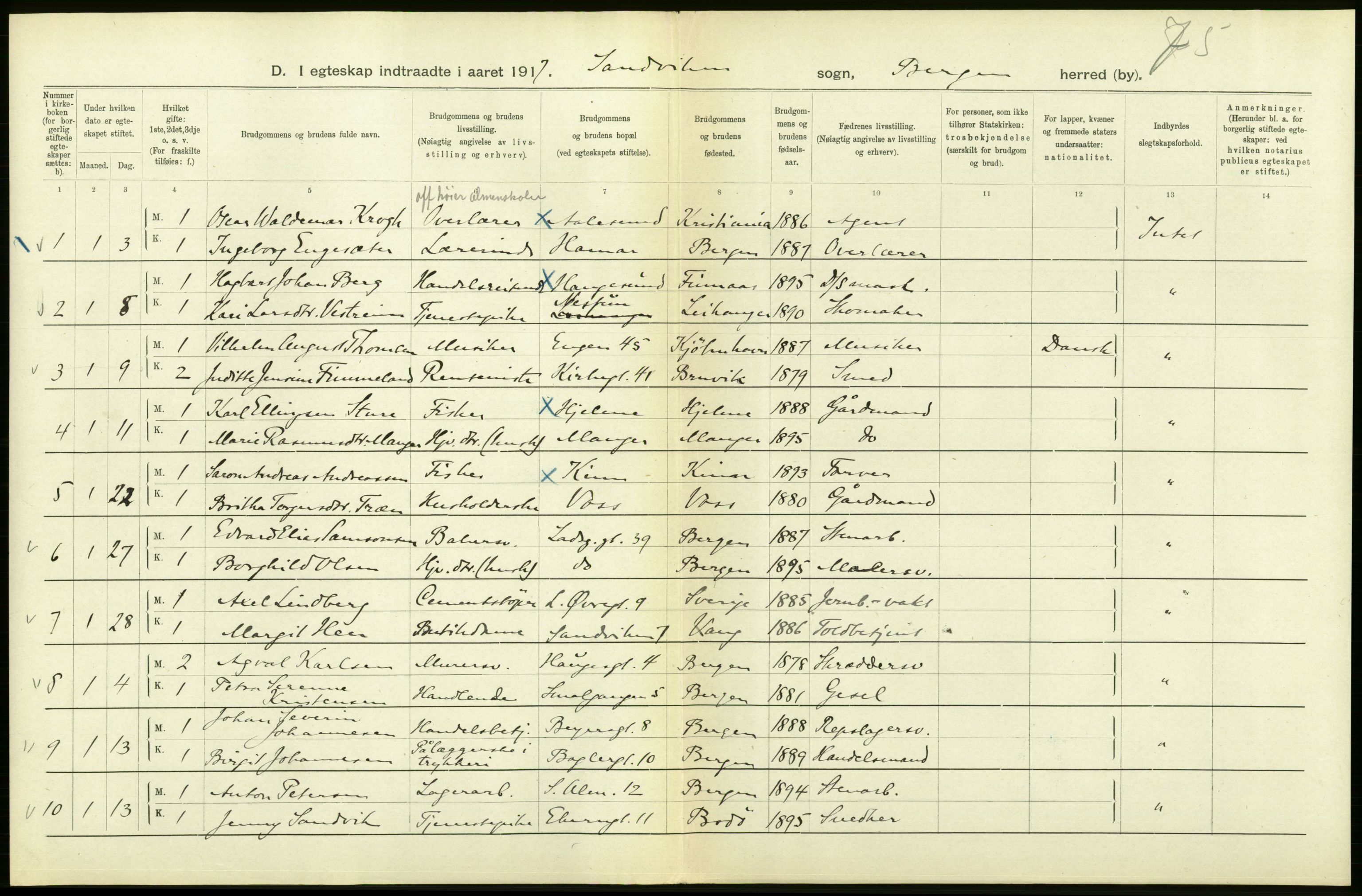 Statistisk sentralbyrå, Sosiodemografiske emner, Befolkning, RA/S-2228/D/Df/Dfb/Dfbg/L0038: Bergen: Gifte, døde, dødfødte., 1917, p. 234