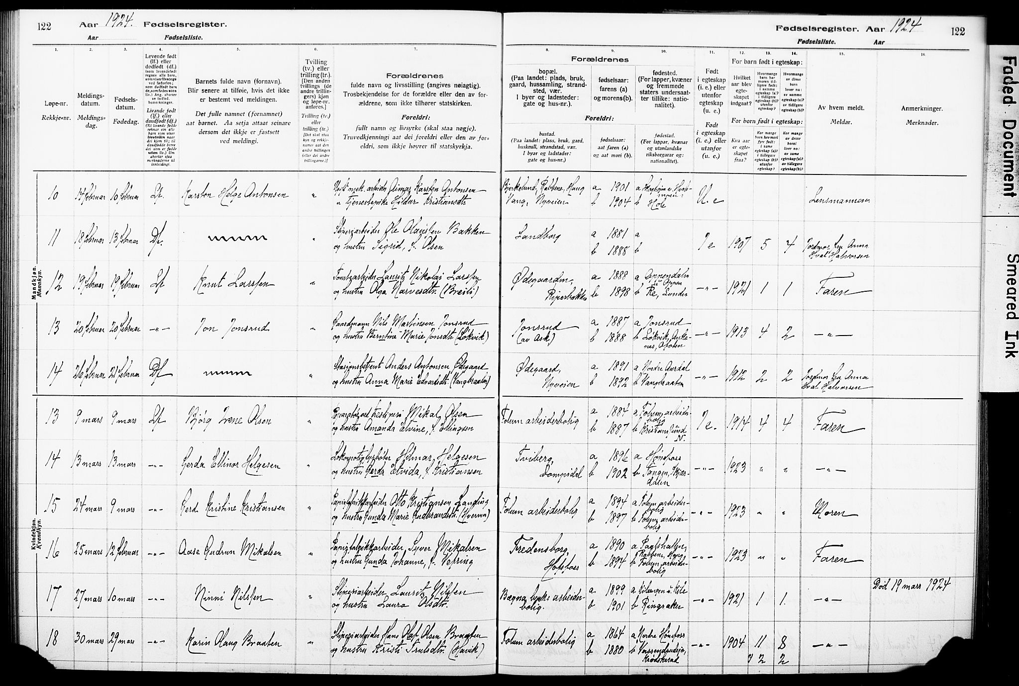 Norderhov kirkebøker, AV/SAKO-A-237/J/Ja/L0001: Birth register no. 1, 1916-1930, p. 122